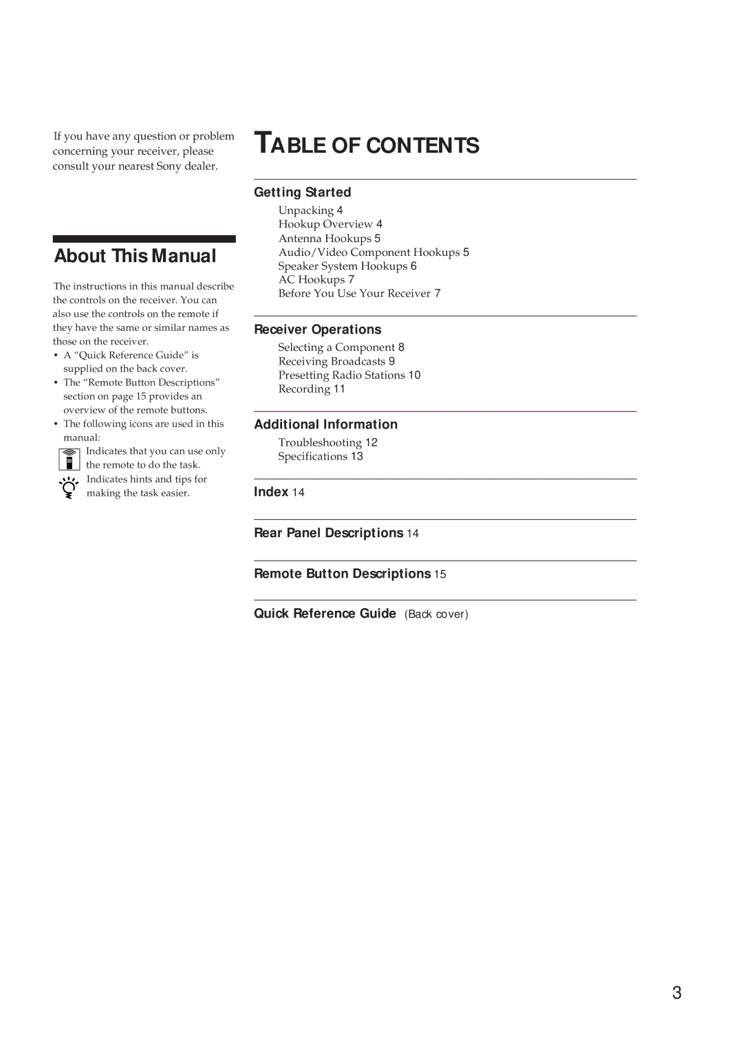 Sony STR-DE310 manual Table of Contents 