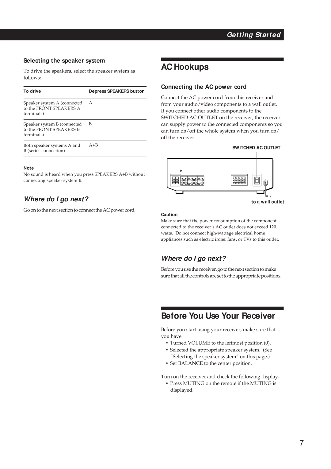 Sony STR-DE310 manual AC Hookups, Before You Use Your Receiver, Selecting the speaker system, Connecting the AC power cord 