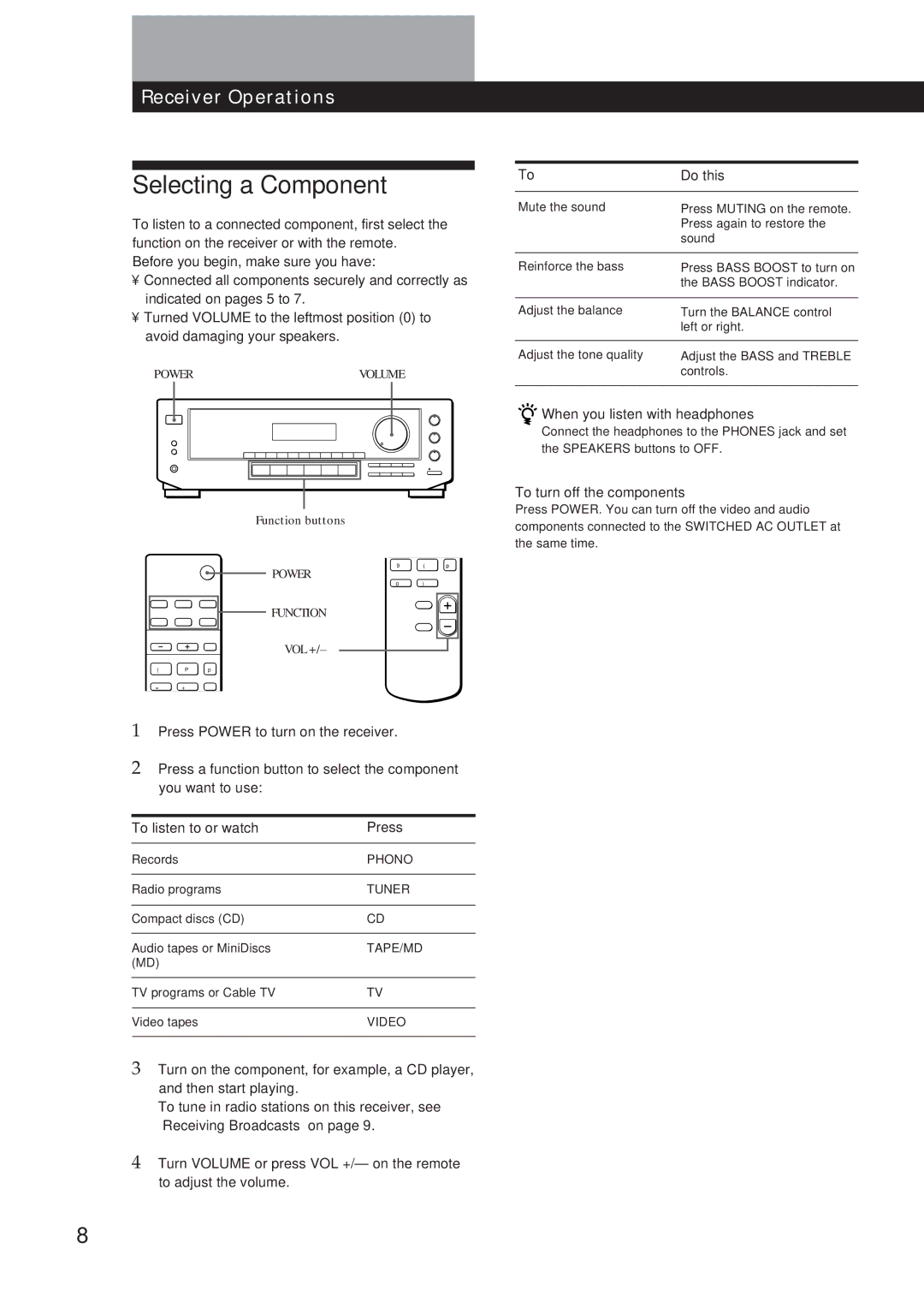 Sony STR-DE310 manual Selecting a Component, Do this, To listen to or watch Press, When you listen with headphones 