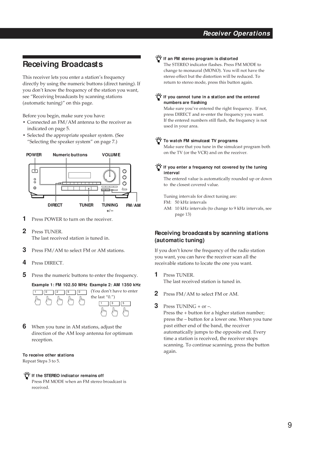 Sony STR-DE310 manual Receiving Broadcasts, Receiving broadcasts by scanning stations automatic tuning 