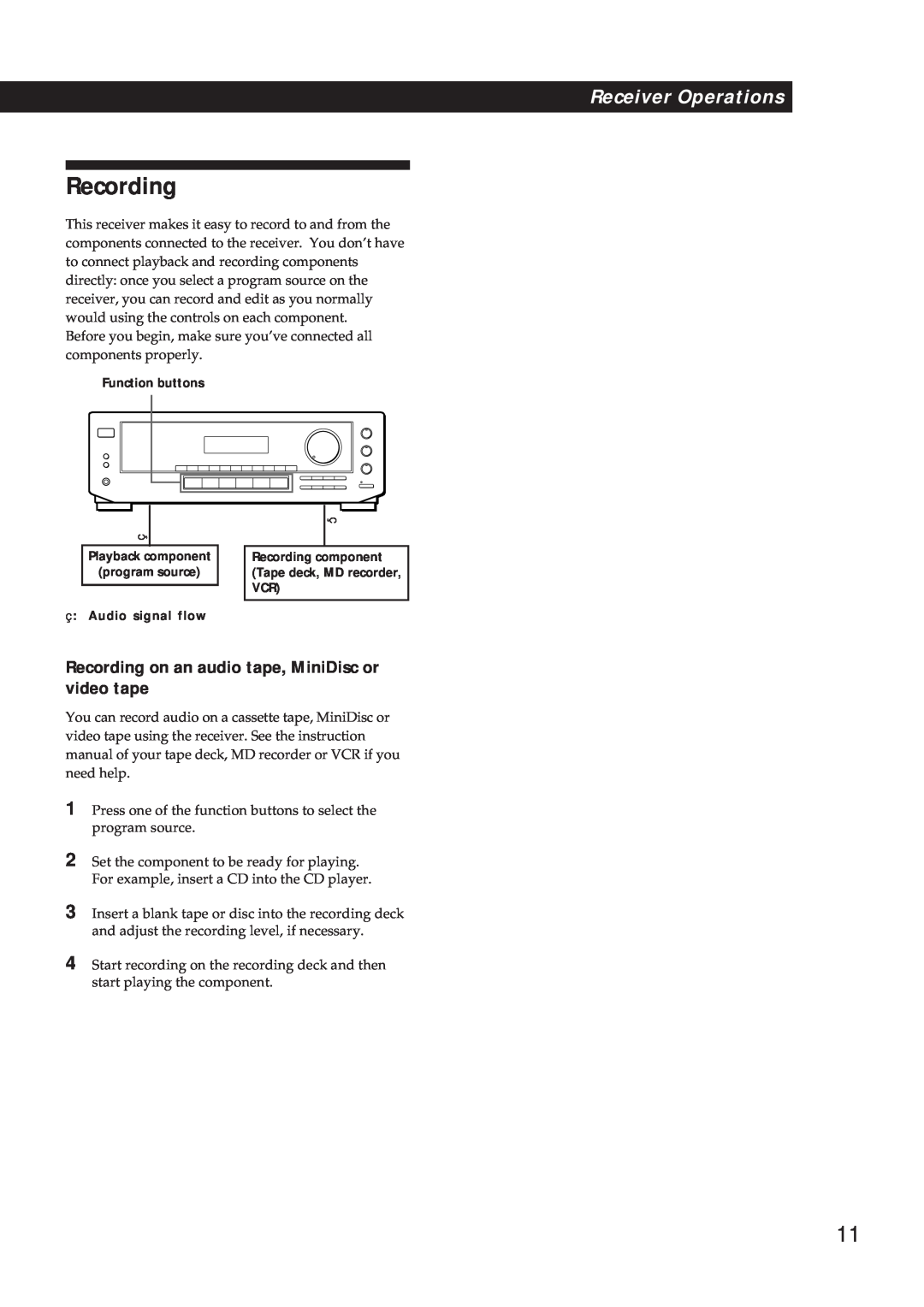 Sony STR-DE310 manual Recording, Receiver Operations, Function buttons, ç Audio signal flow 