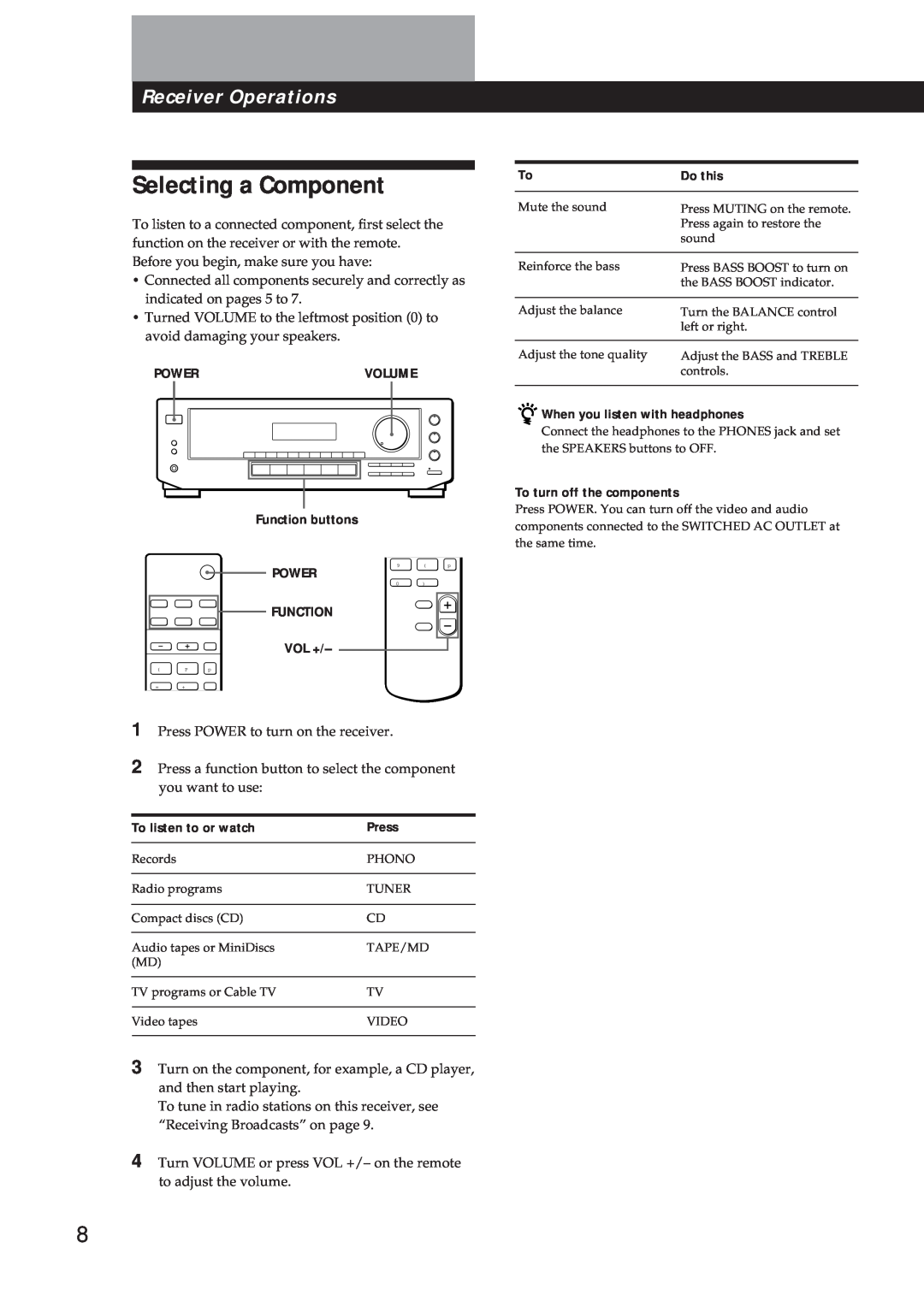 Sony STR-DE310 manual Selecting a Component, Receiver Operations, Do this, To listen to or watch, Press 
