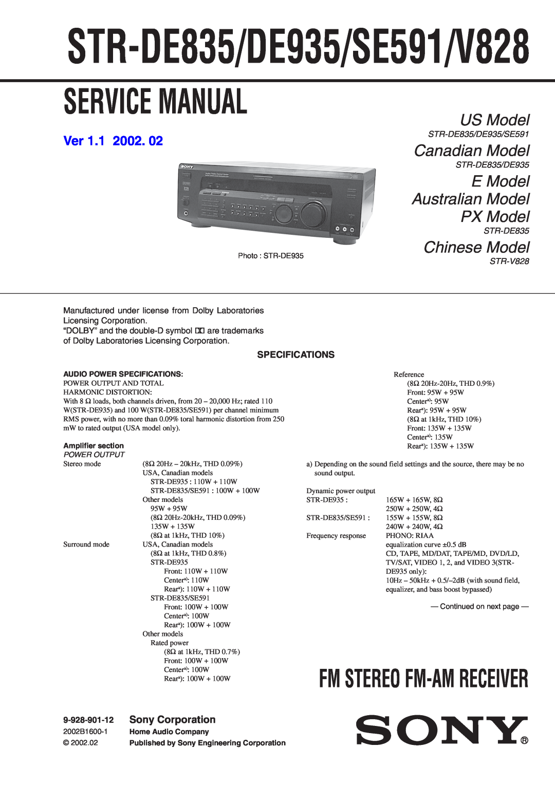 Sony specifications Service Manual, STR-DE835/DE935/SE591/V828, US Model, Canadian Model, Chinese Model, Specifications 