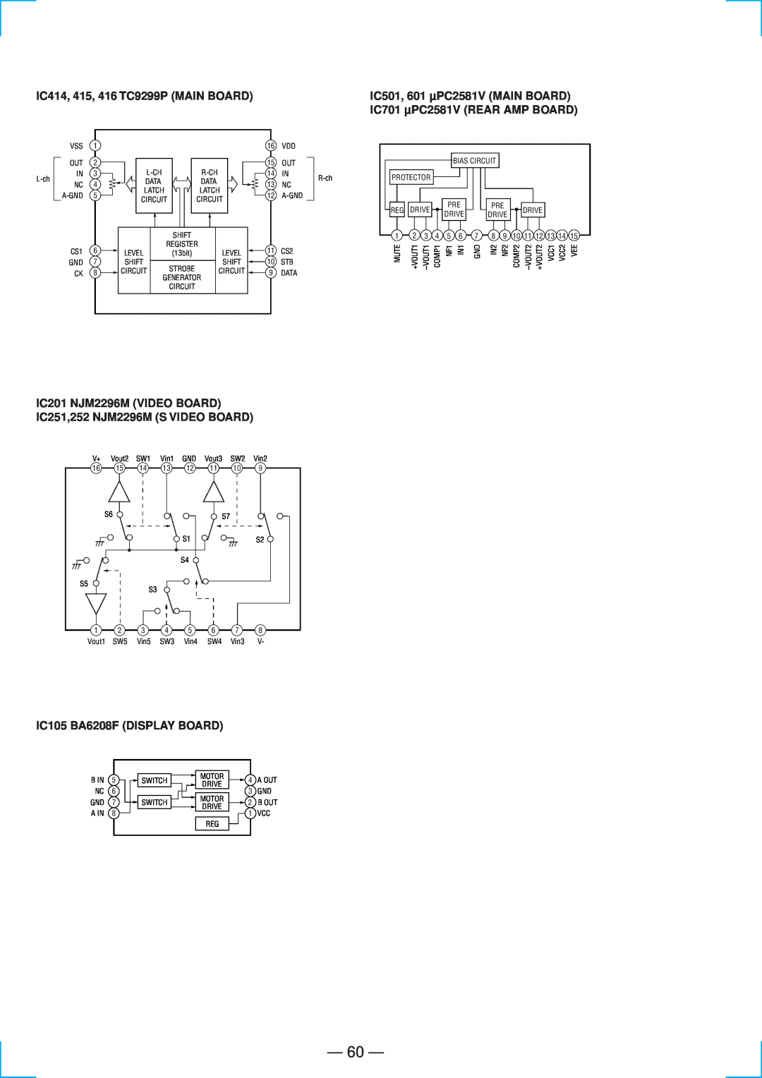 Sony STR-DE835 specifications 60, IC414, 415, 416 TC9299P MAIN BOARD, IC105 BA6208F DISPLAY BOARD 