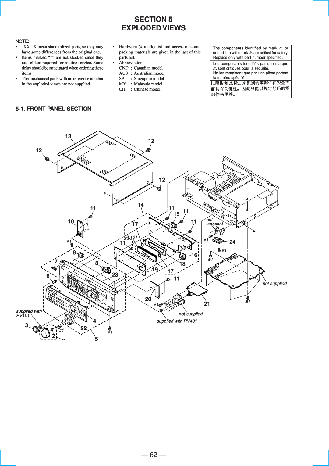 Sony STR-DE835 specifications Section Exploded Views, 62, FRONT PANEL 12 12, 9 7 6 