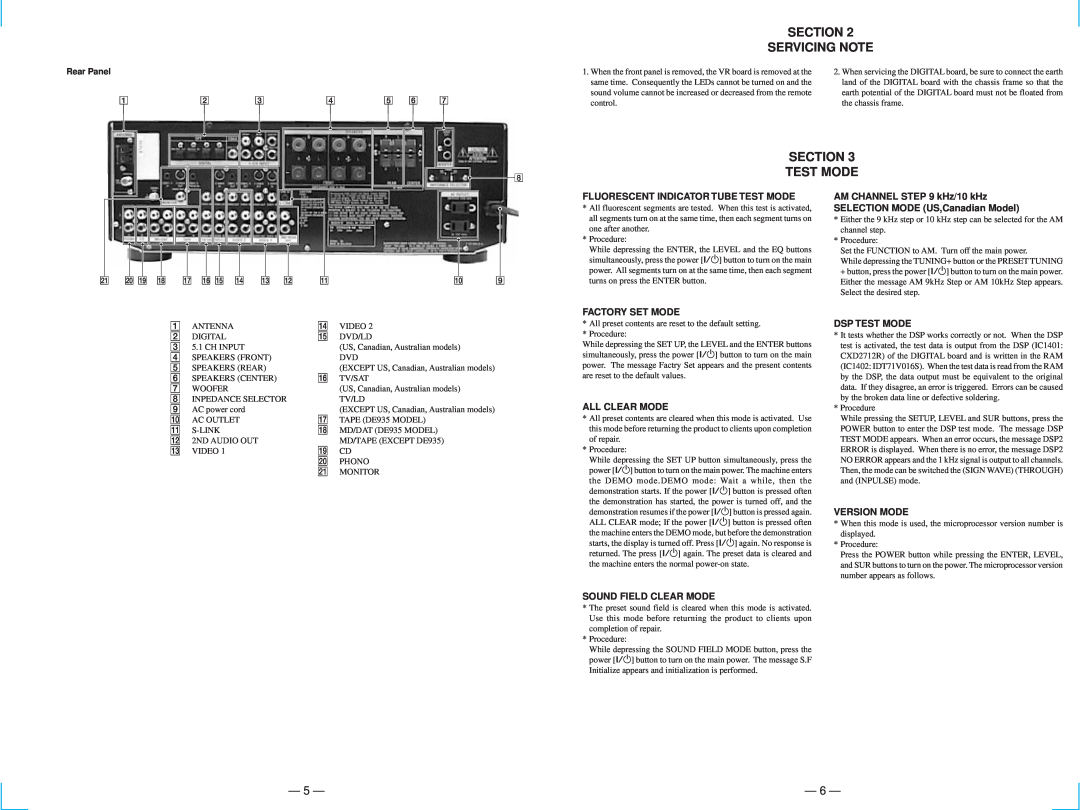 Sony STR-DE835 Section Servicing Note, Section Test Mode, 6, Fluorescent Indicator Tube Test Mode, Factory Set Mode 