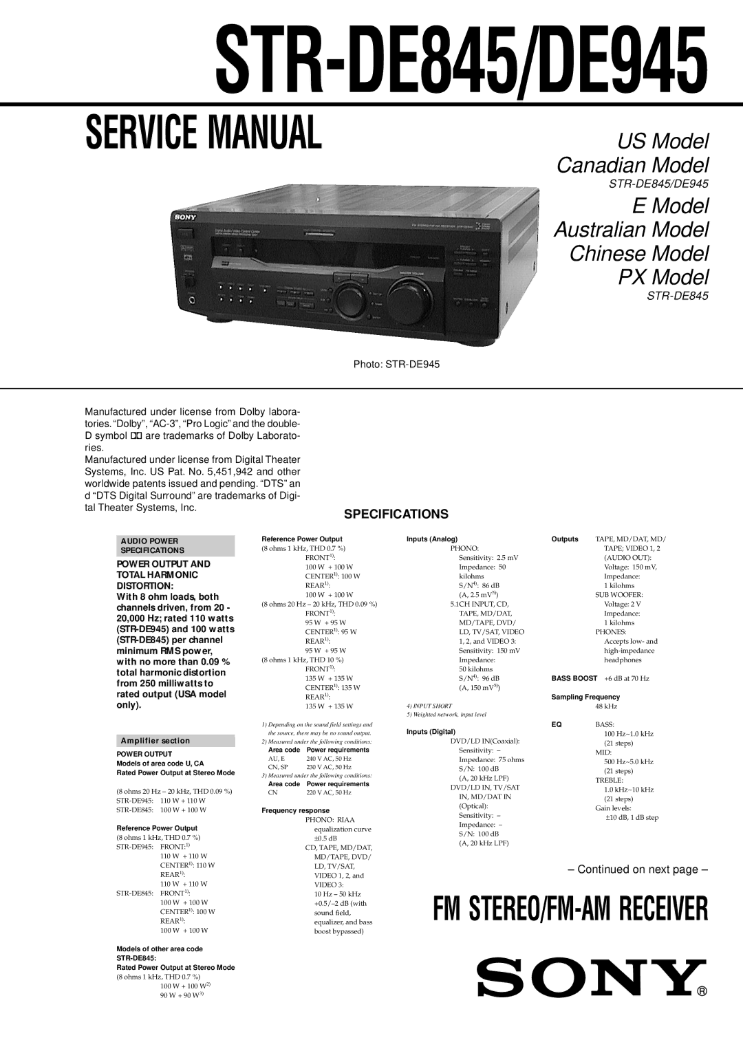 Sony service manual STR-DE845/DE945 