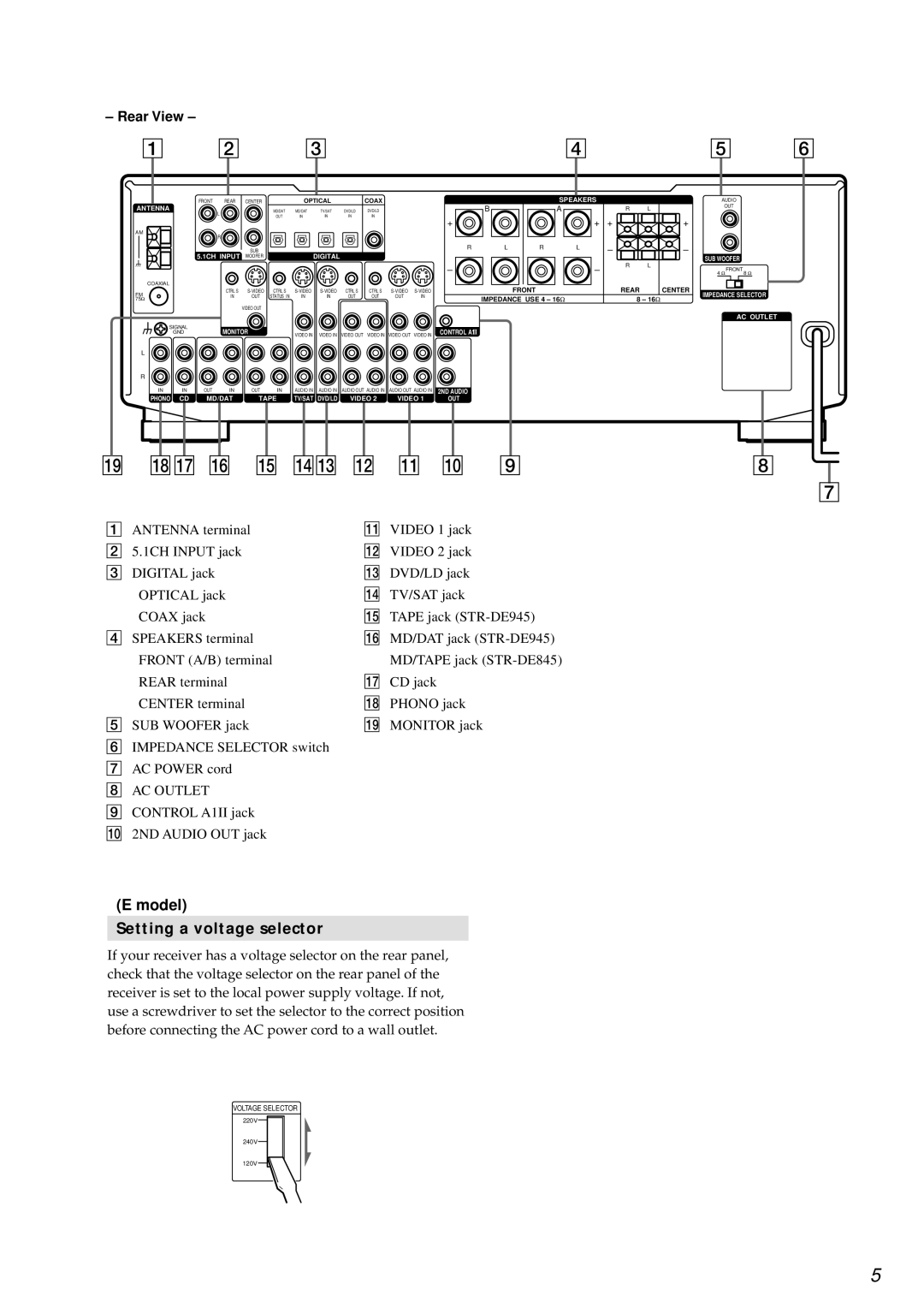 Sony STR-DE845 service manual Model Setting a voltage selector, AC Outlet 