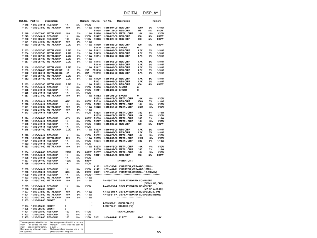 Sony STR-DE845 service manual Digital Display, Metal Oxide, Vibrator, Display BOARD, Complete MY, SP, AUS, CH 