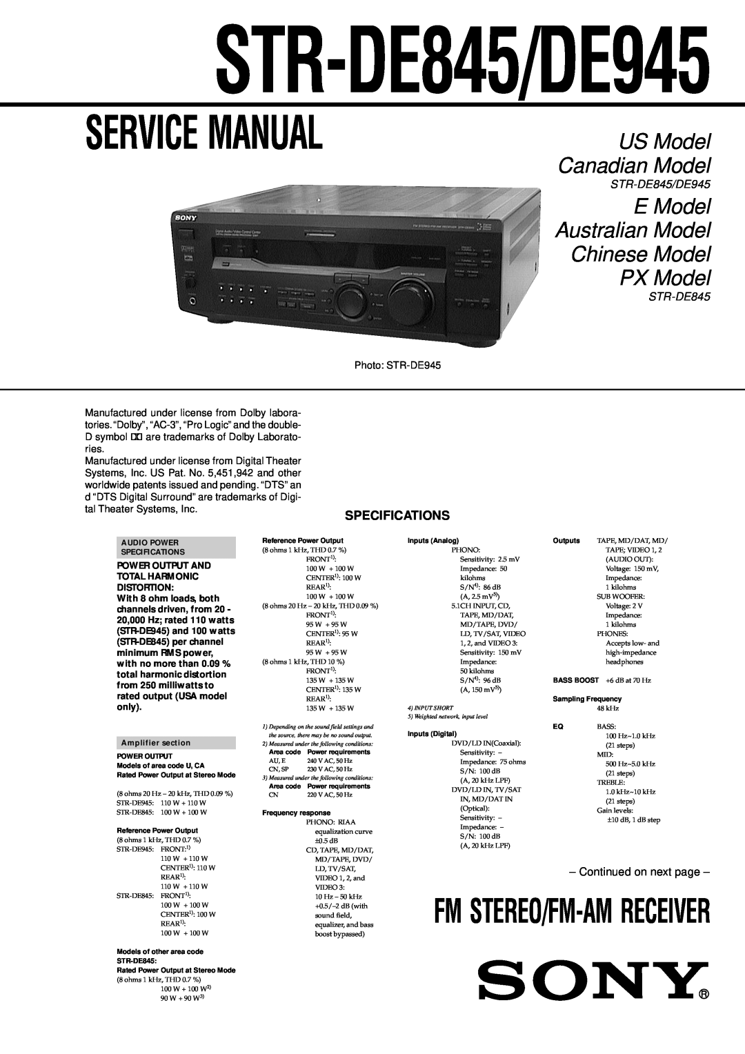 Sony service manual Specifications, STR-DE845/DE945, Service Manual, E Model Australian Model Chinese Model PX Model 