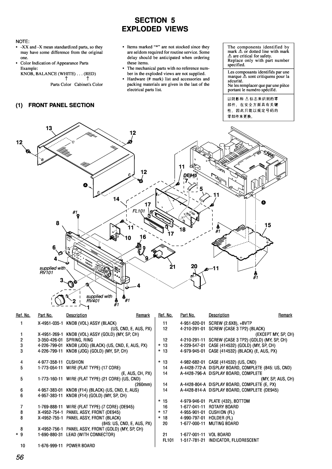 Sony STR-DE845 service manual Section Exploded Views, 1FRONT PANEL 12 12 