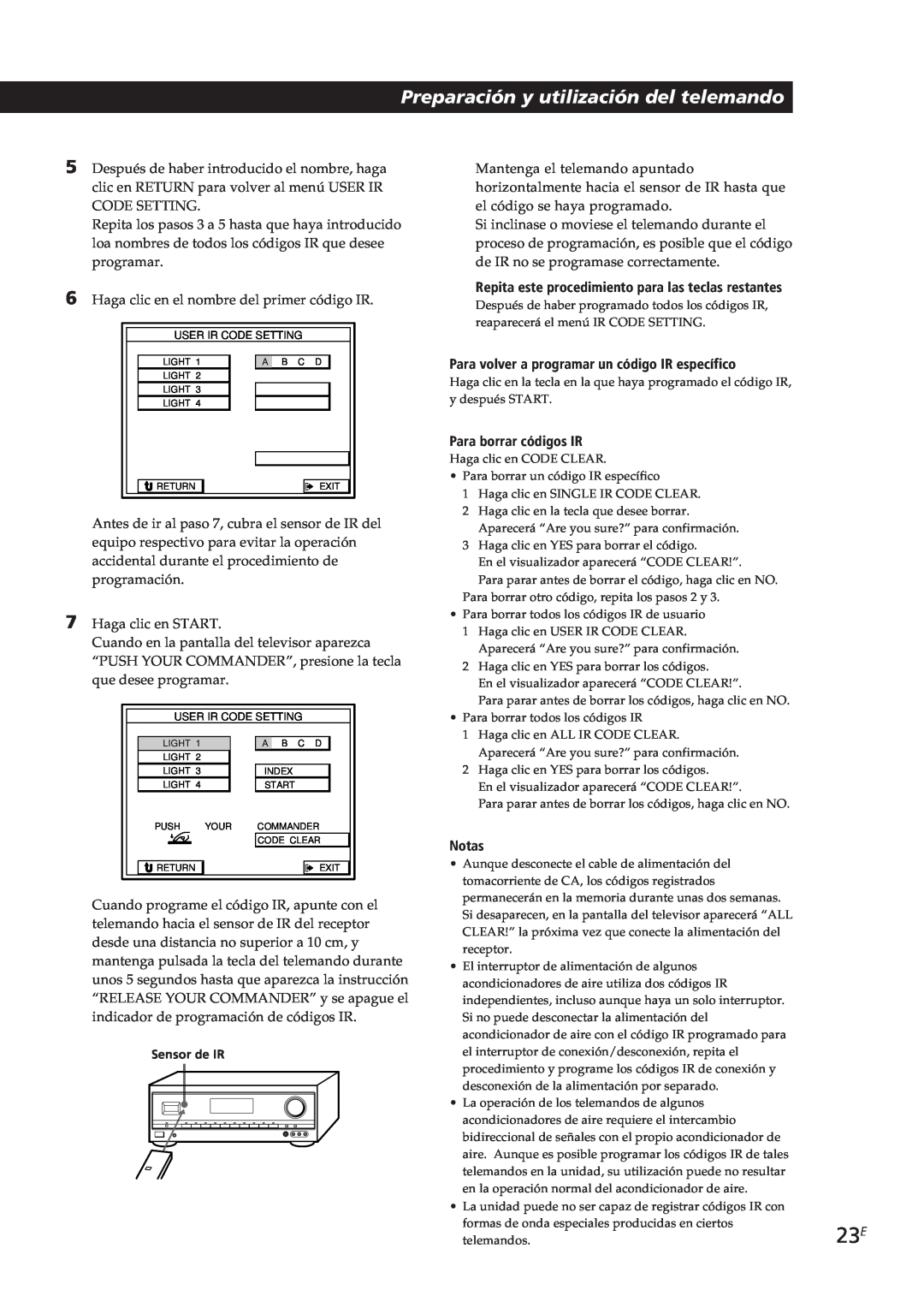 Sony STR-DE805G manual Preparación y utilización del telemando, Para volver a programar un código IR específico, Notas 