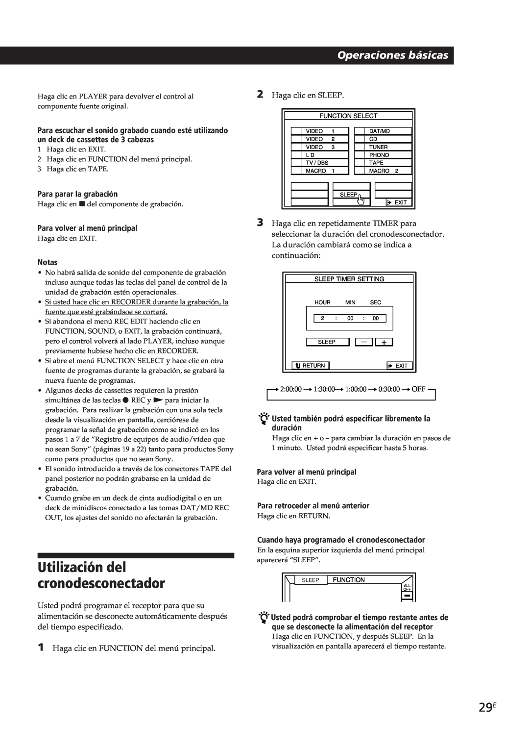 Sony STR-DE805G manual Utilización del cronodesconectador, Operaciones básicas, Para parar la grabación, Notas 