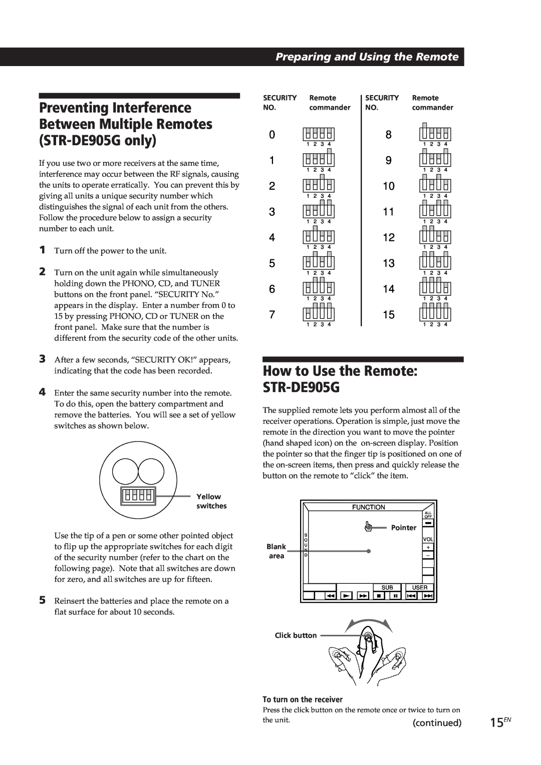 Sony STR-DE905G, STR-DE805G manual How to Use the Remote: STR-DE905G, Preparing and Using the Remote, continued 
