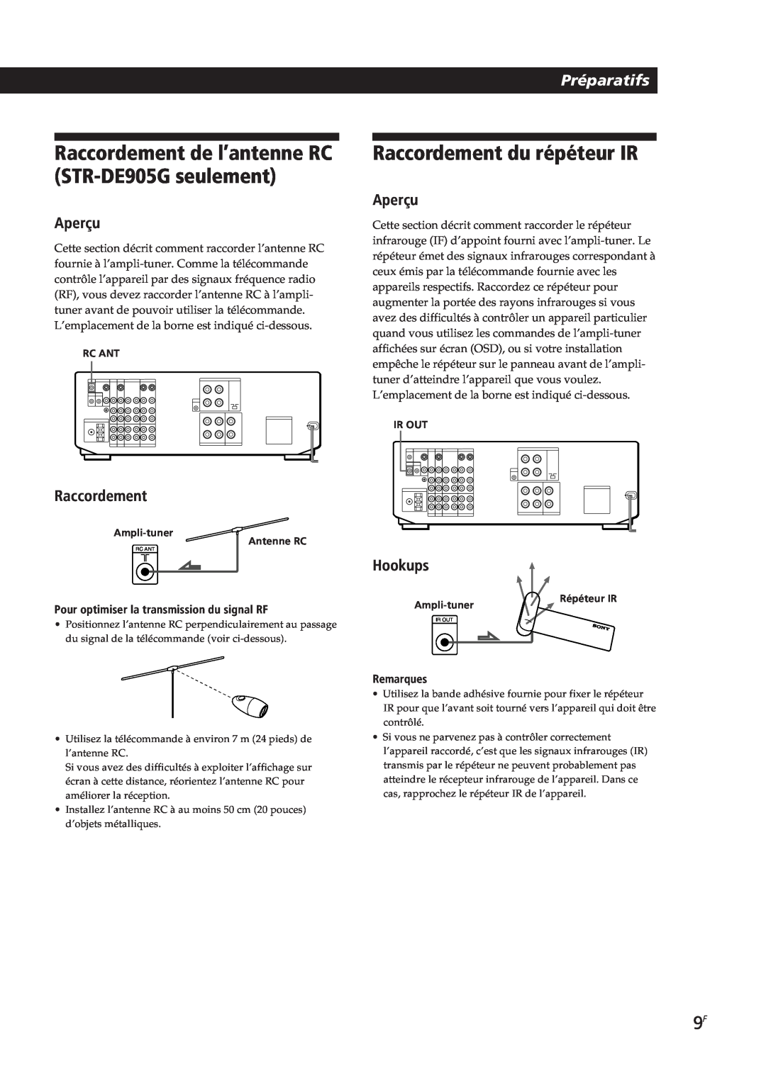 Sony STR-DE805G manual Raccordement de l’antenne RC STR-DE905Gseulement, Raccordement du répéteur IR, Préparatifs, Aperçu 