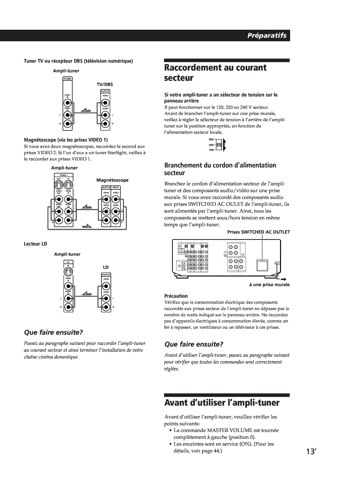 Sony STR-DE805G manual Raccordement au courant secteur, Avant d’utiliser l’ampli-tuner, Que faire ensuite?, Préparatifs 
