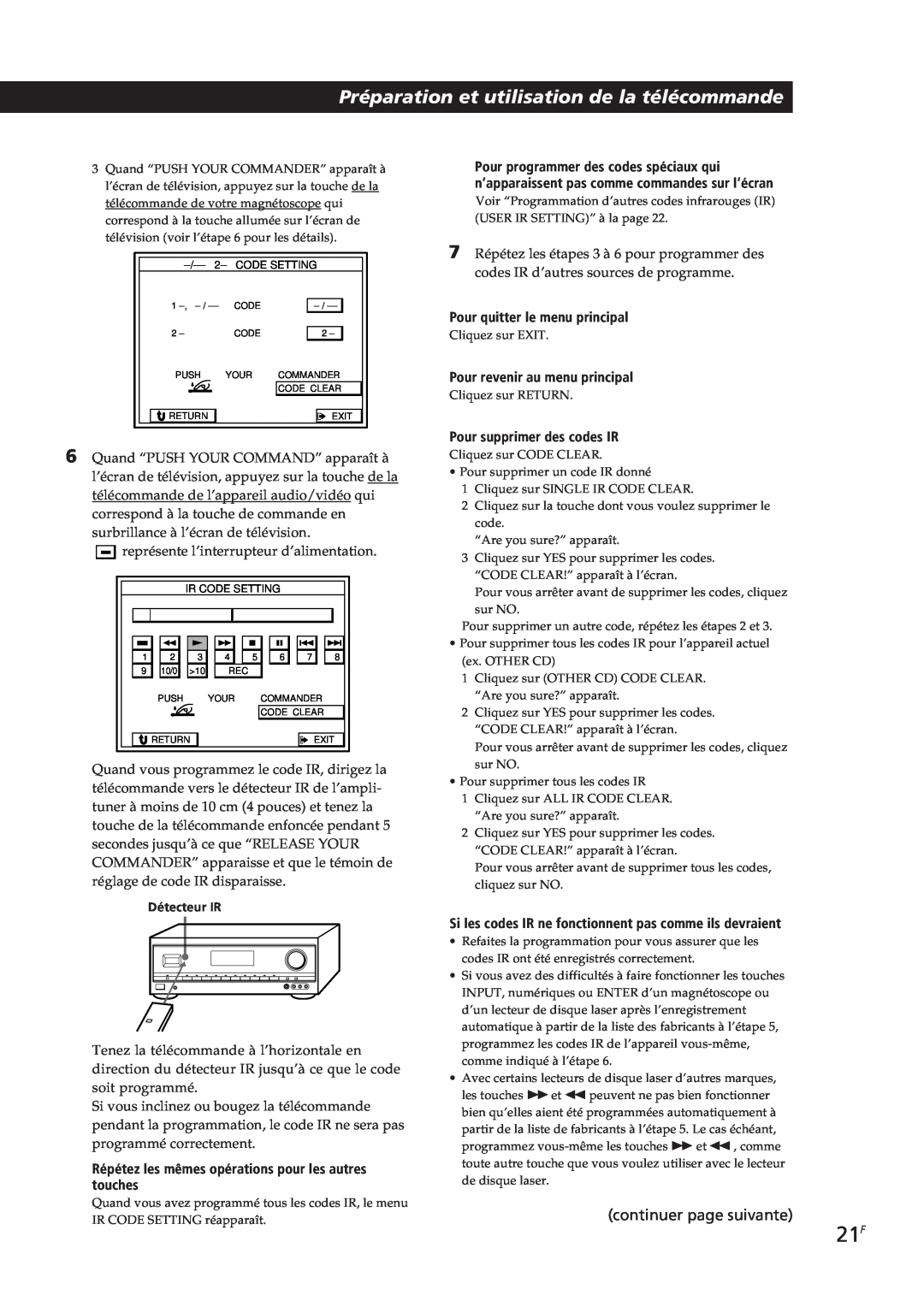 Sony STR-DE805G Préparation et utilisation de la télécommande, continuer page suivante, Pour quitter le menu principal 