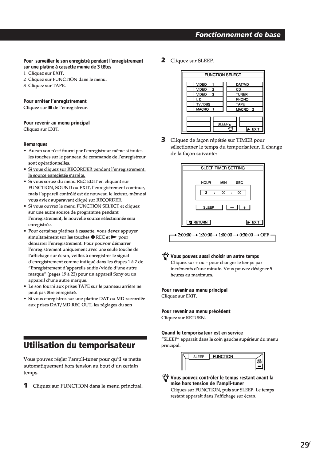 Sony STR-DE805G manual Utilisation du temporisateur, Fonctionnement de base, Pour arrêter l’enregistrement, Remarques 