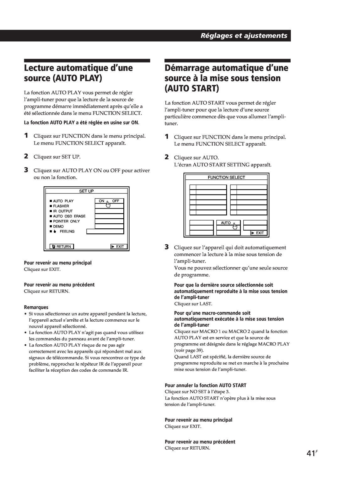 Sony STR-DE805G manual Auto Start, Lecture automatique d’une source AUTO PLAY, Réglages et ajustements, Remarques 