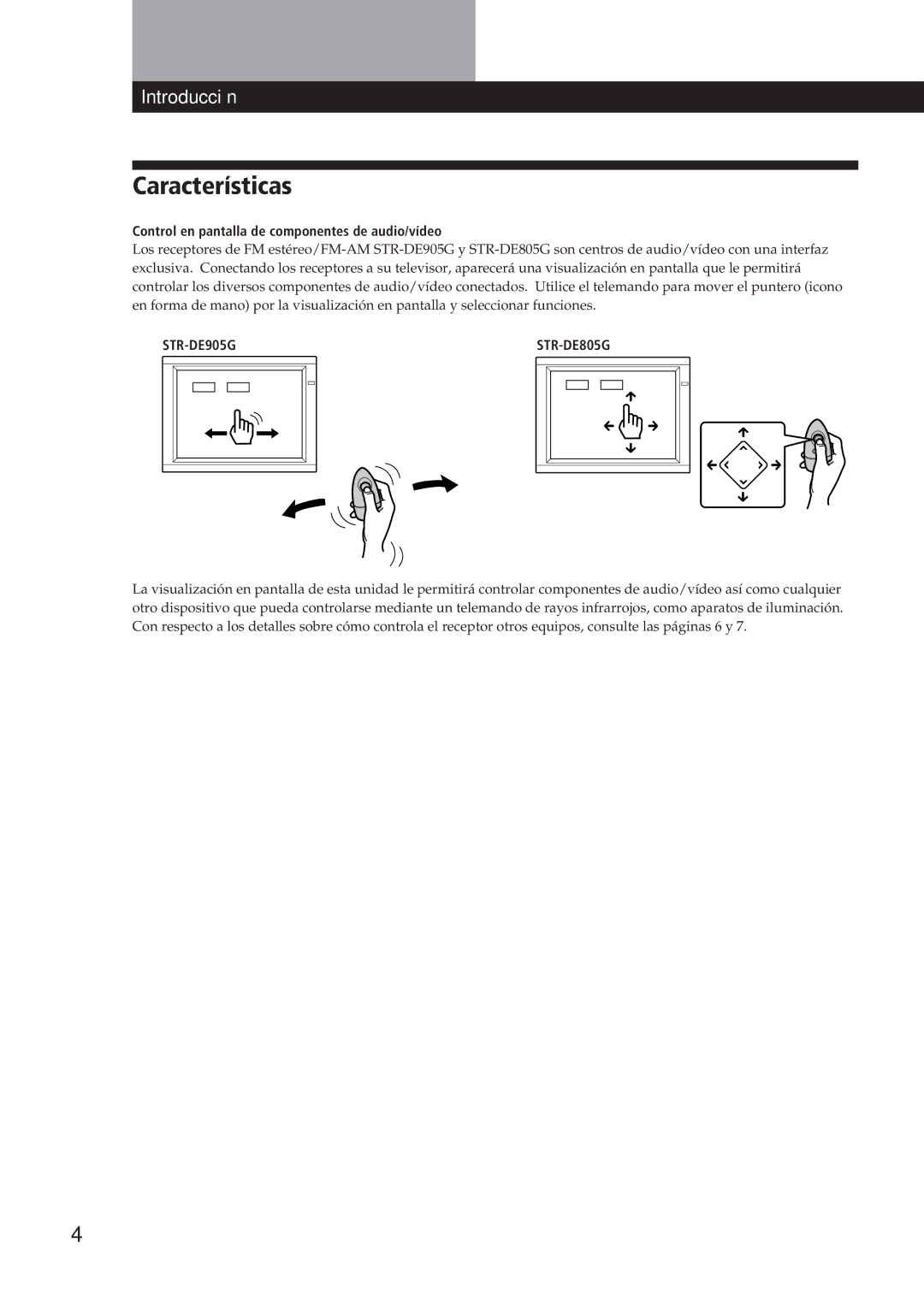 Sony STR-DE905G manual Características, Control en pantalla de componentes de audio/vídeo 