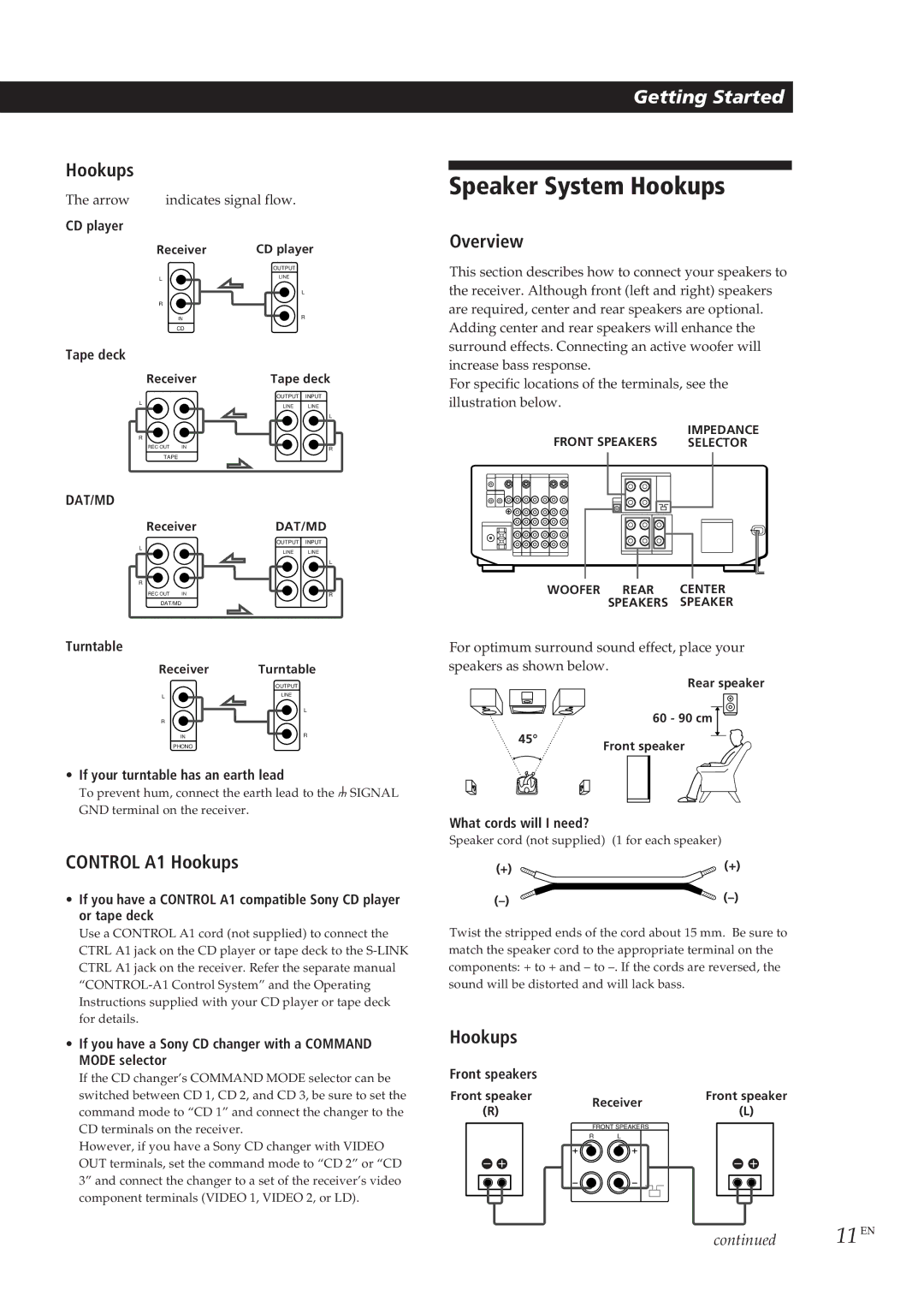 Sony STR-DE905G manual Speaker System Hookups, Control A1 Hookups 