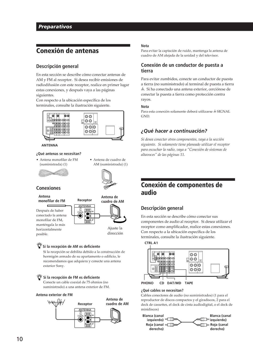 Sony STR-DE905G Conexión de antenas, Conexión de componentes de audio, 10E, Conexión de un conductor de puesta a tierra 