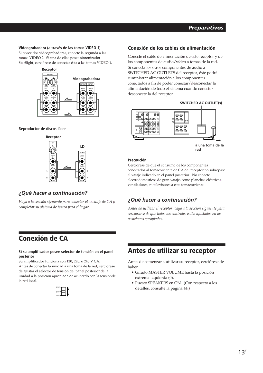 Sony STR-DE905G manual Conexión de CA, Antes de utilizar su receptor, 13E, Conexión de los cables de alimentación 