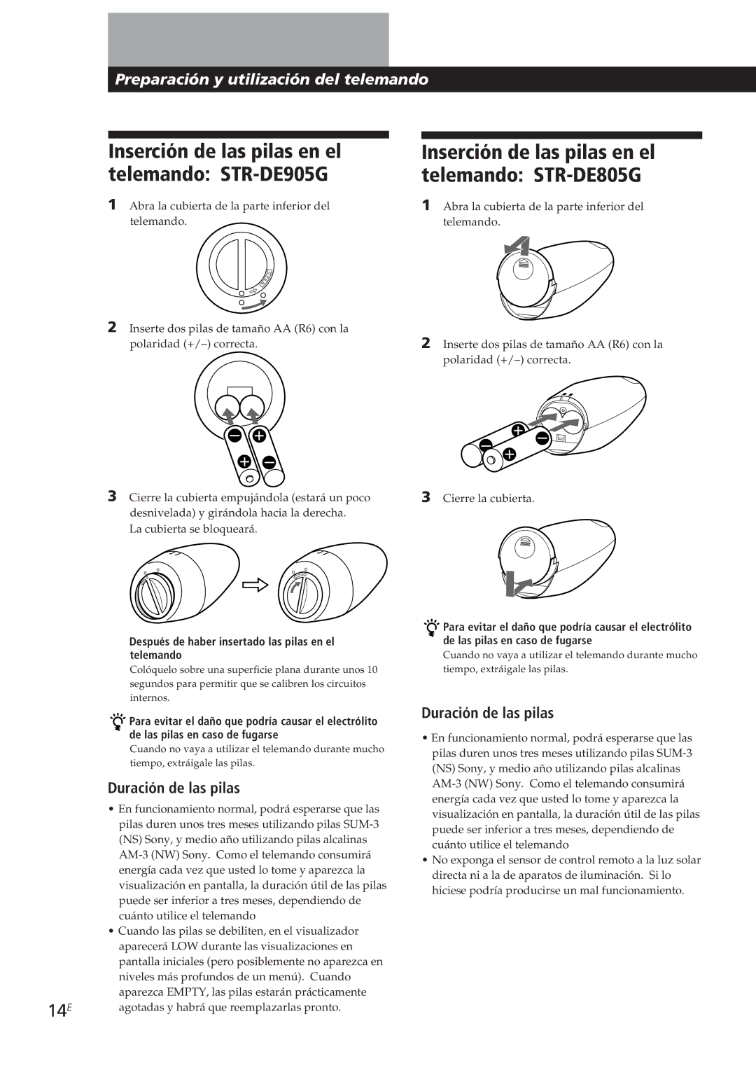 Sony STR-DE905G manual 14E, Duración de las pilas, Después de haber insertado las pilas en el telemando 