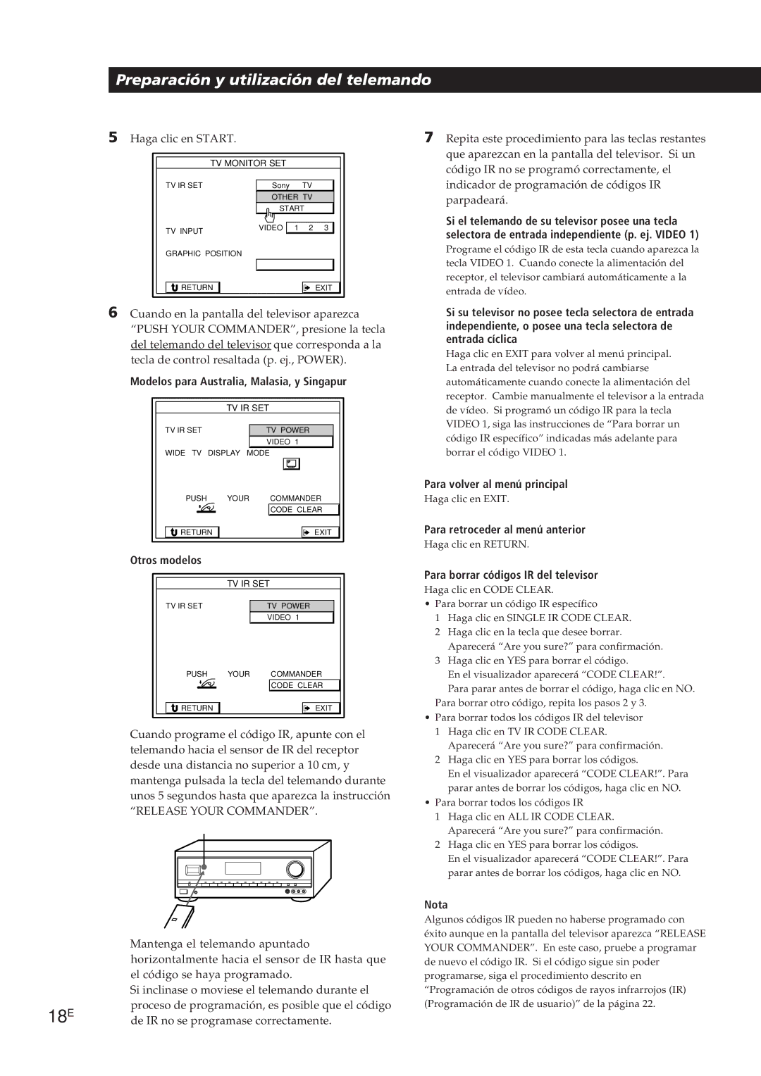 Sony STR-DE905G manual 18E, Si el telemando de su televisor posee una tecla, Para volver al menú principal 