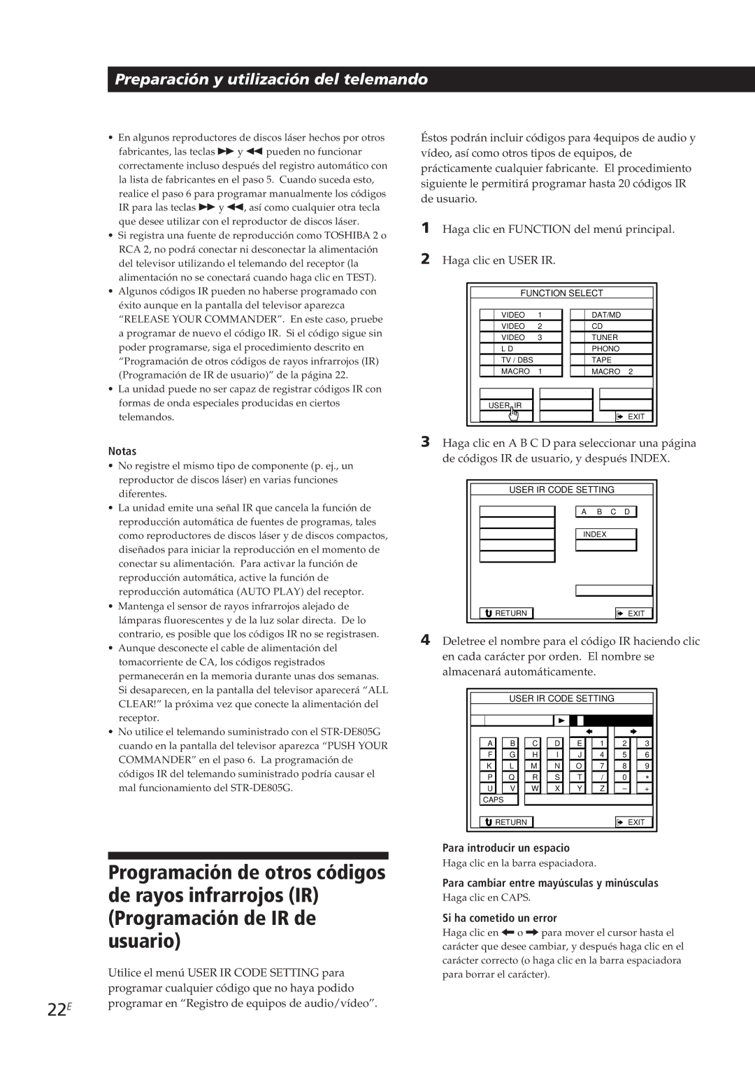 Sony STR-DE905G manual 22E, Para introducir un espacio, Para cambiar entre mayúsculas y minúsculas, Si ha cometido un error 