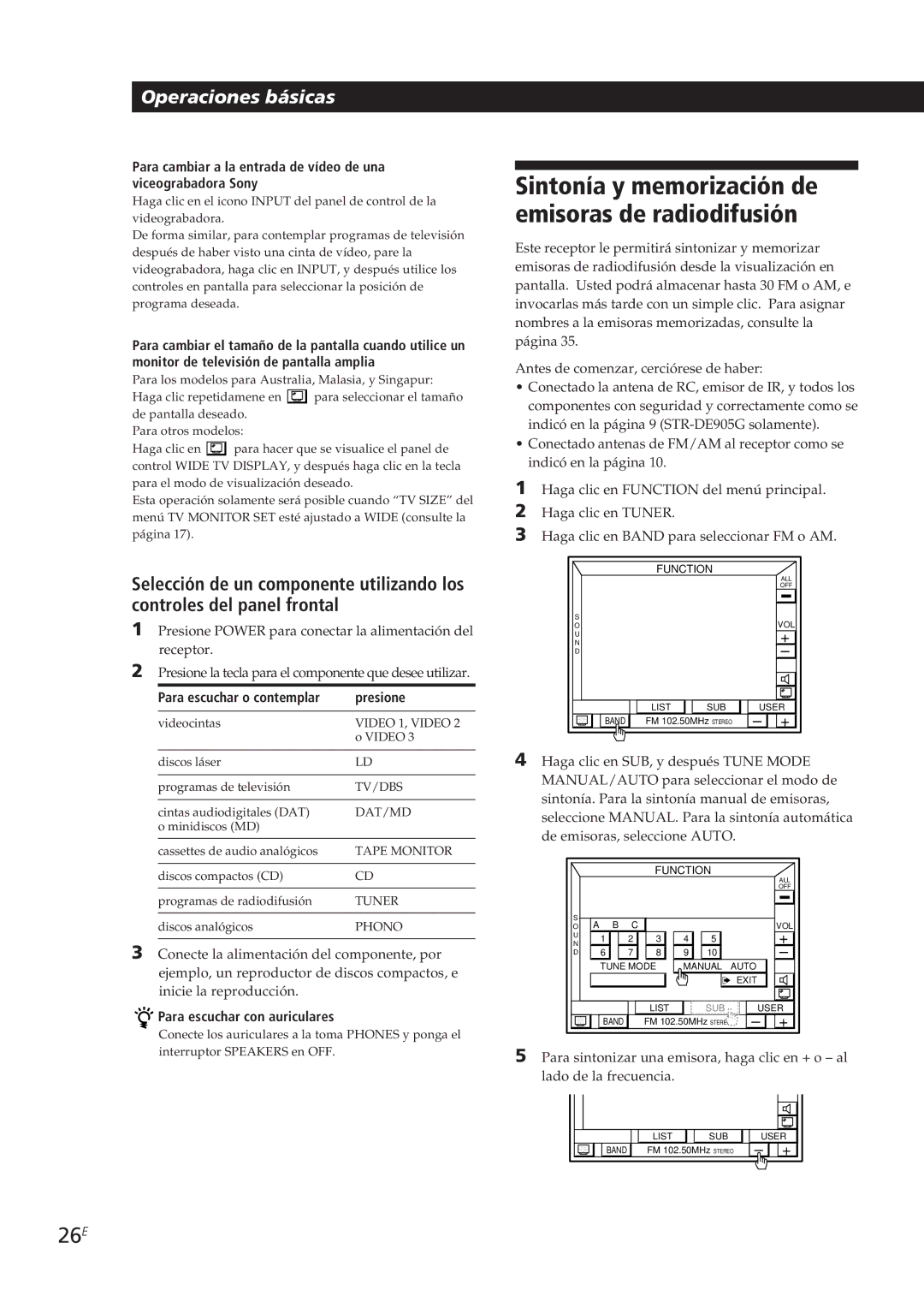 Sony STR-DE905G manual 26E, Para escuchar o contemplar Presione, Para escuchar con auriculares 