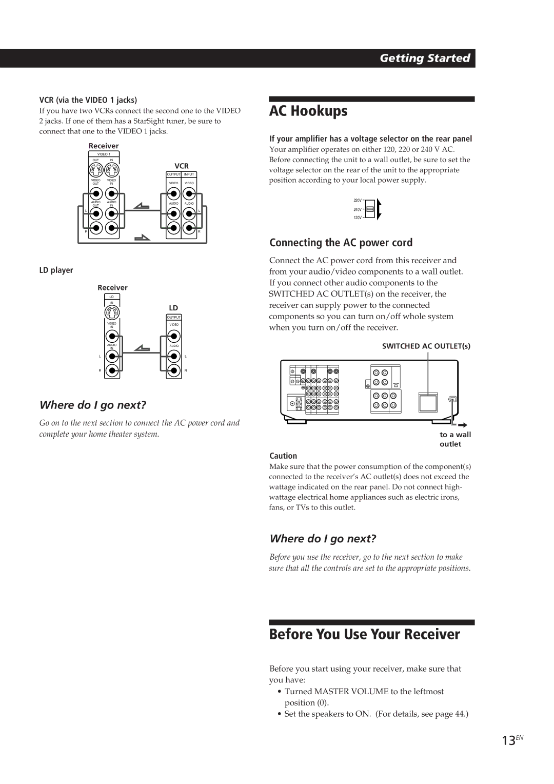 Sony STR-DE905G manual AC Hookups, Before You Use Your Receiver, 13EN, Connecting the AC power cord 