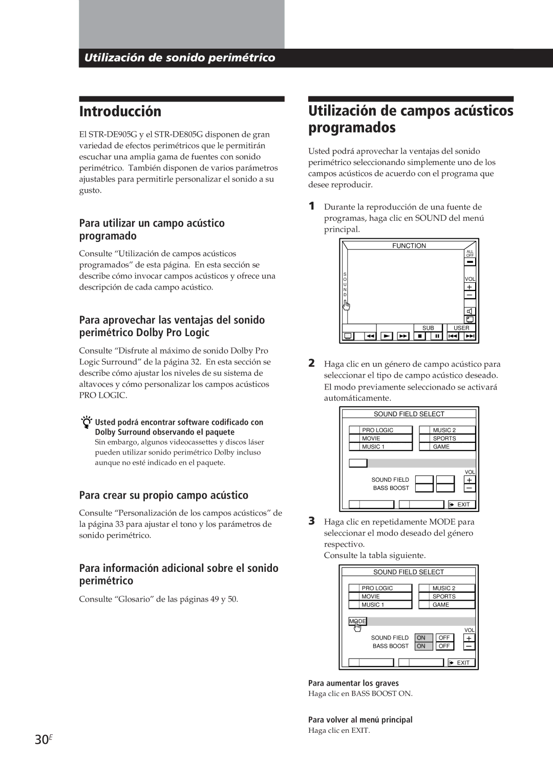 Sony STR-DE905G manual Introducción, Utilización de campos acústicos programados, 30E 