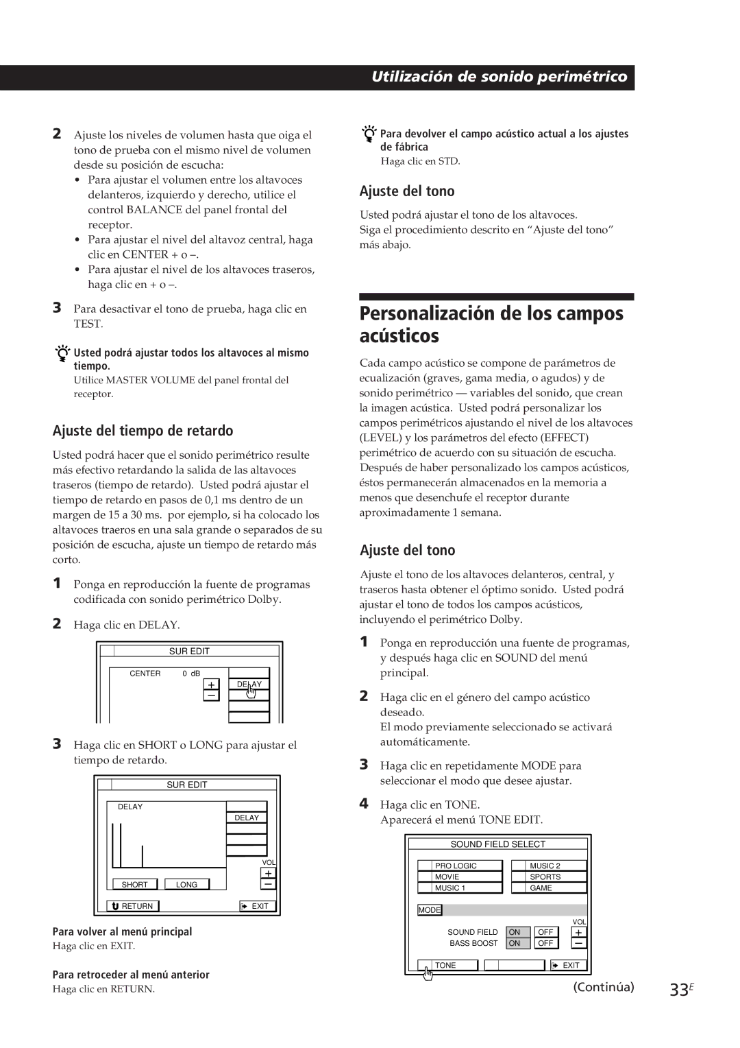 Sony STR-DE905G manual Personalización de los campos acústicos, Ajuste del tiempo de retardo, Ajuste del tono 