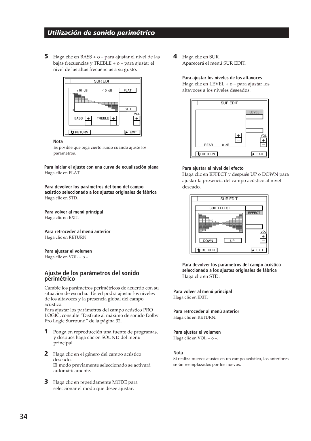 Sony STR-DE905G manual 34E, Ajuste de los parámetros del sonido perimétrico 