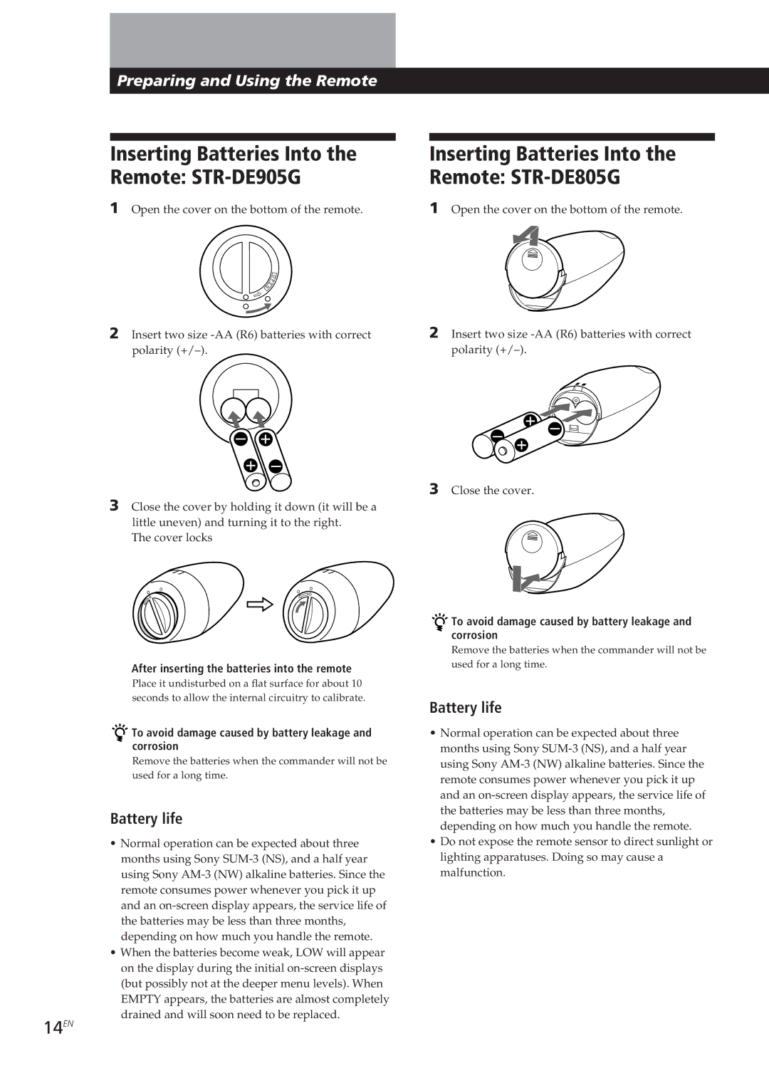 Sony manual Inserting Batteries Into, Remote STR-DE905G Remote STR-DE805G, 14EN, Battery life 