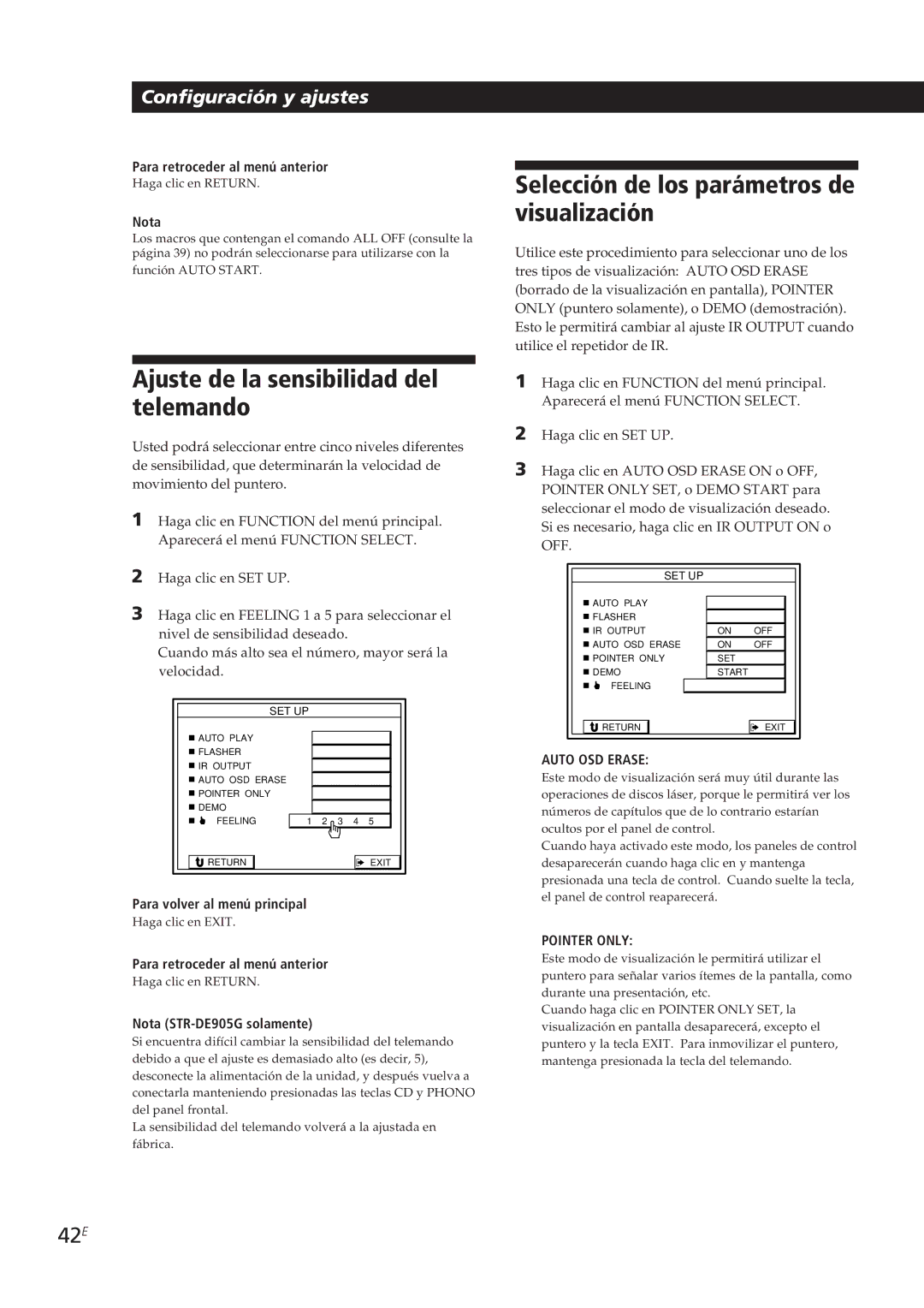 Sony STR-DE905G manual Ajuste de la sensibilidad del telemando, Selección de los parámetros de visualización, 42E 