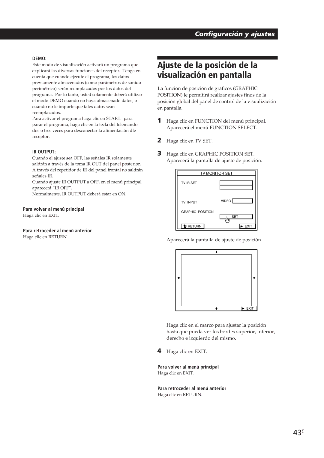 Sony STR-DE905G manual Ajuste de la posición de la visualización en pantalla, 43E 