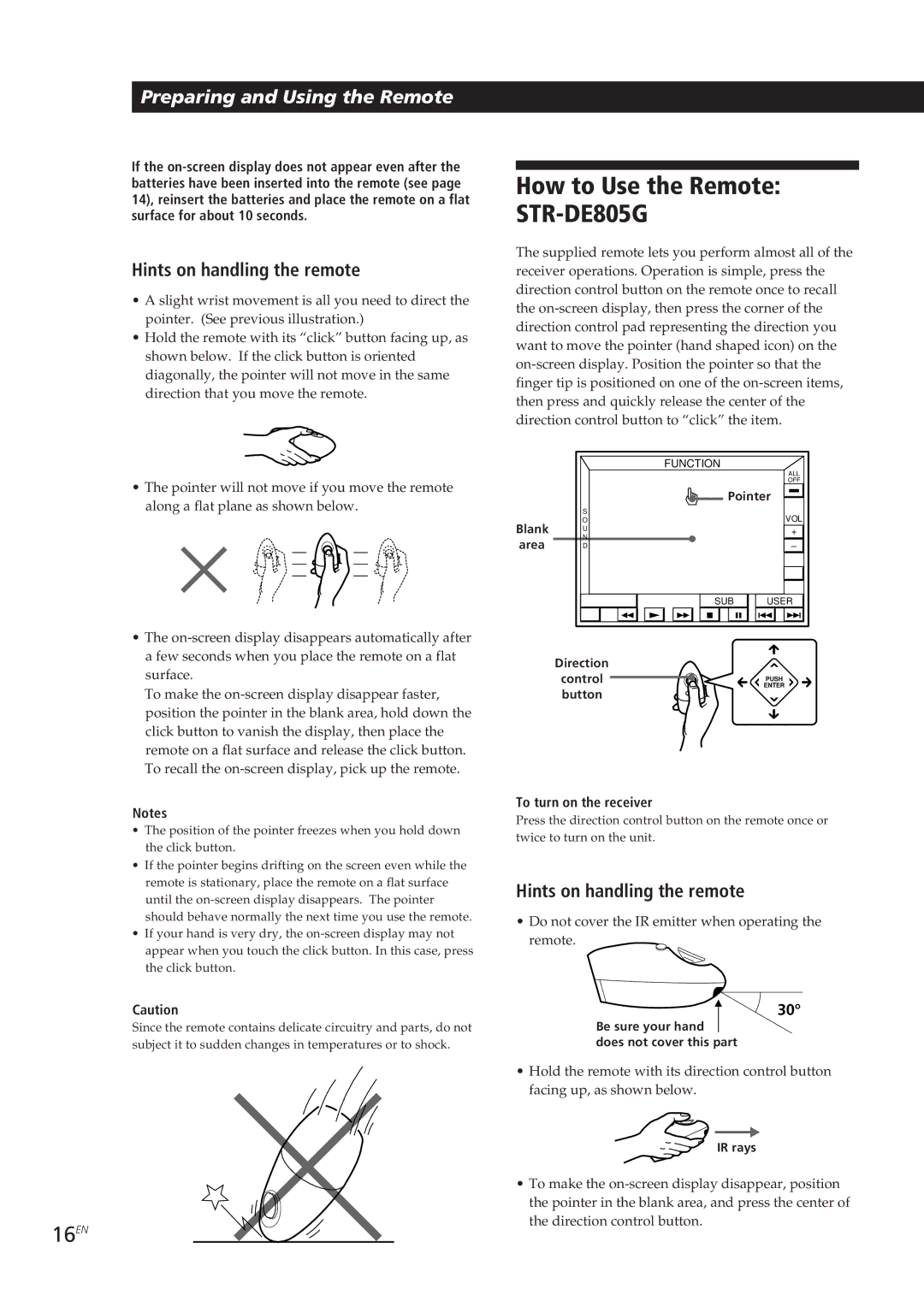 Sony STR-DE905G manual How to Use the Remote STR-DE805G, 16EN, Hints on handling the remote 