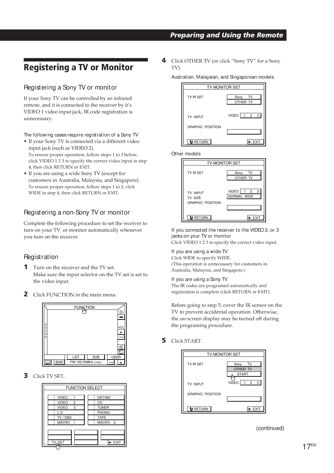 Sony STR-DE905G Registering a TV or Monitor, 17EN, Registering a Sony TV or monitor, Registering a non-Sony TV or monitor 