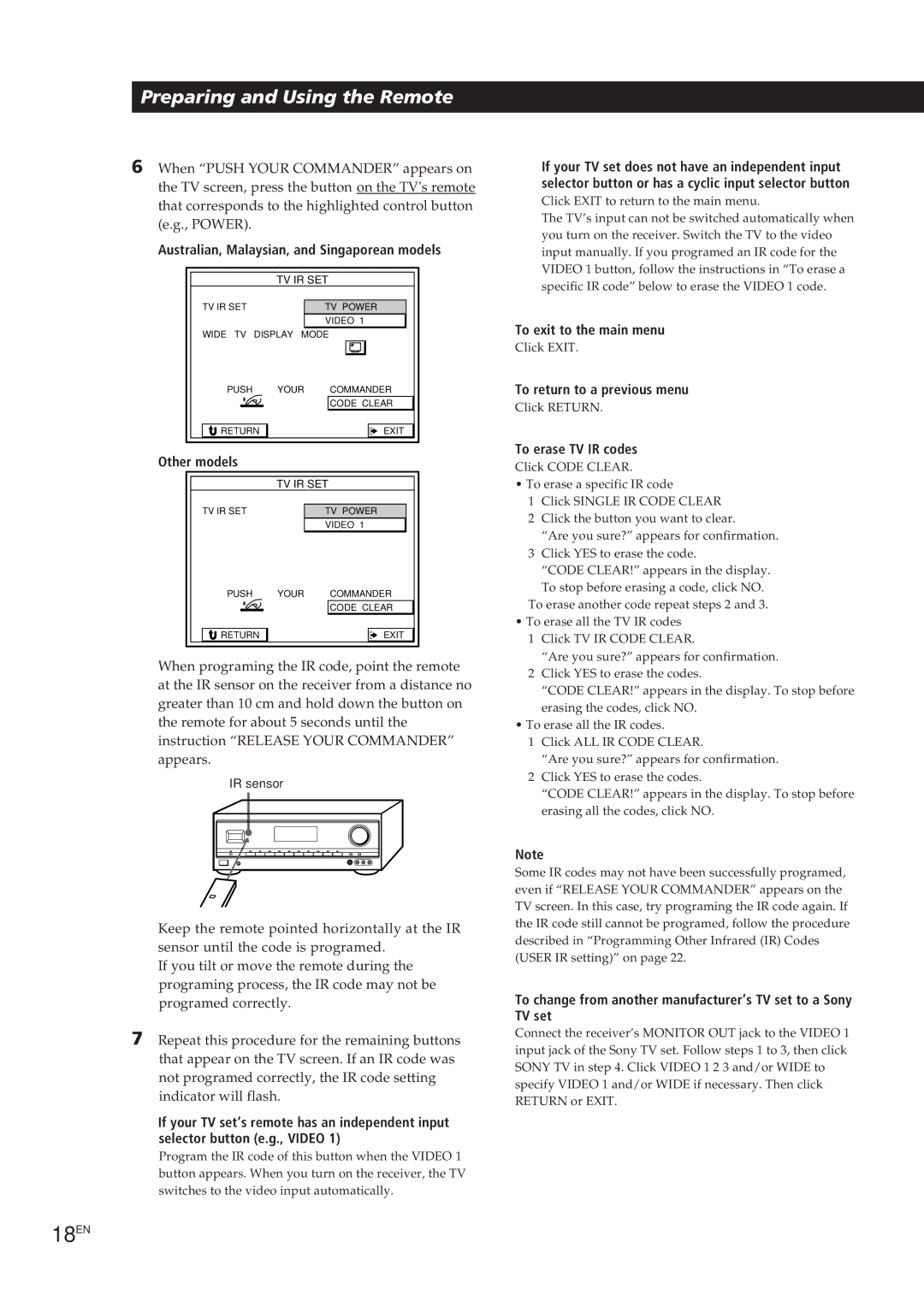 Sony STR-DE905G manual 18EN, To exit to the main menu, To return to a previous menu, To erase TV IR codes 