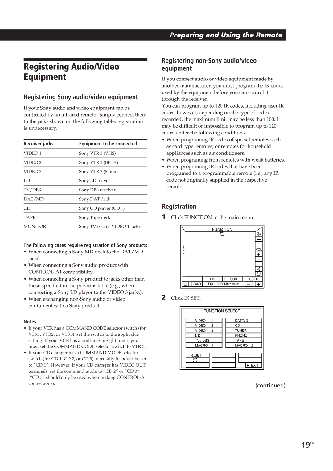 Sony STR-DE905G manual 19EN, Registering Sony audio/video equipment, Registering non-Sony audio/video equipment 