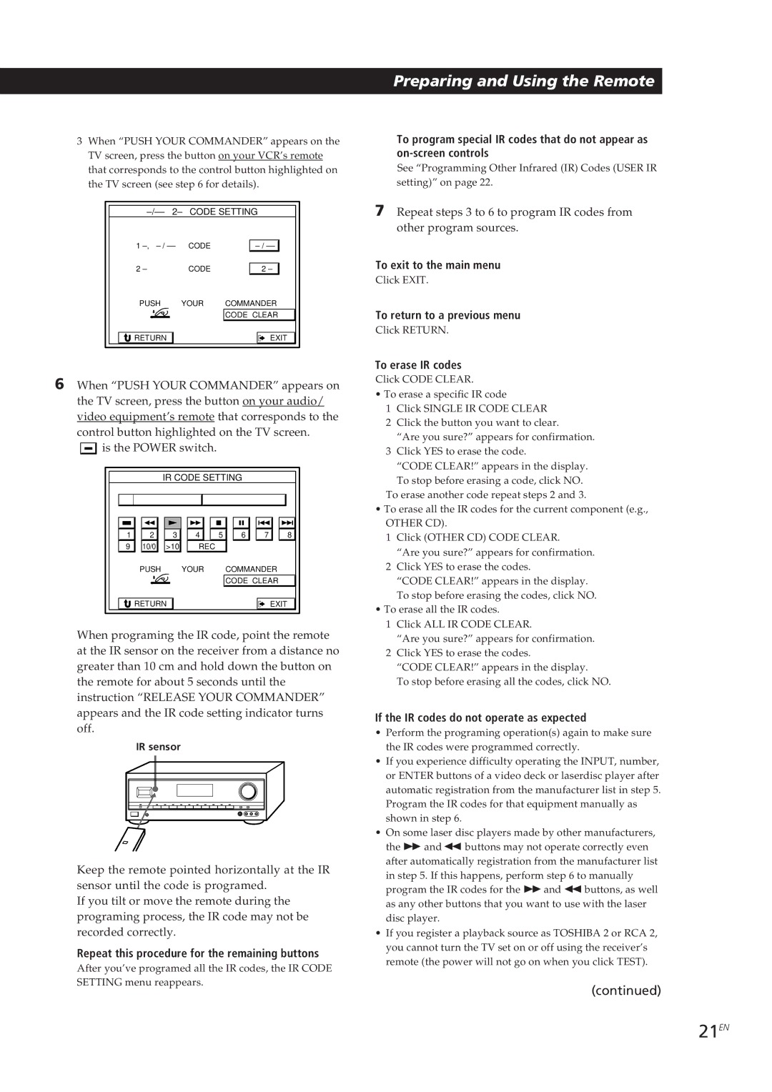 Sony STR-DE905G manual 21EN, Repeat this procedure for the remaining buttons, To erase IR codes 