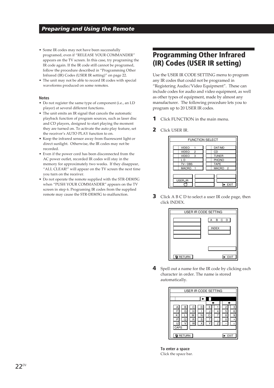 Sony STR-DE905G manual 22EN, To enter a space 