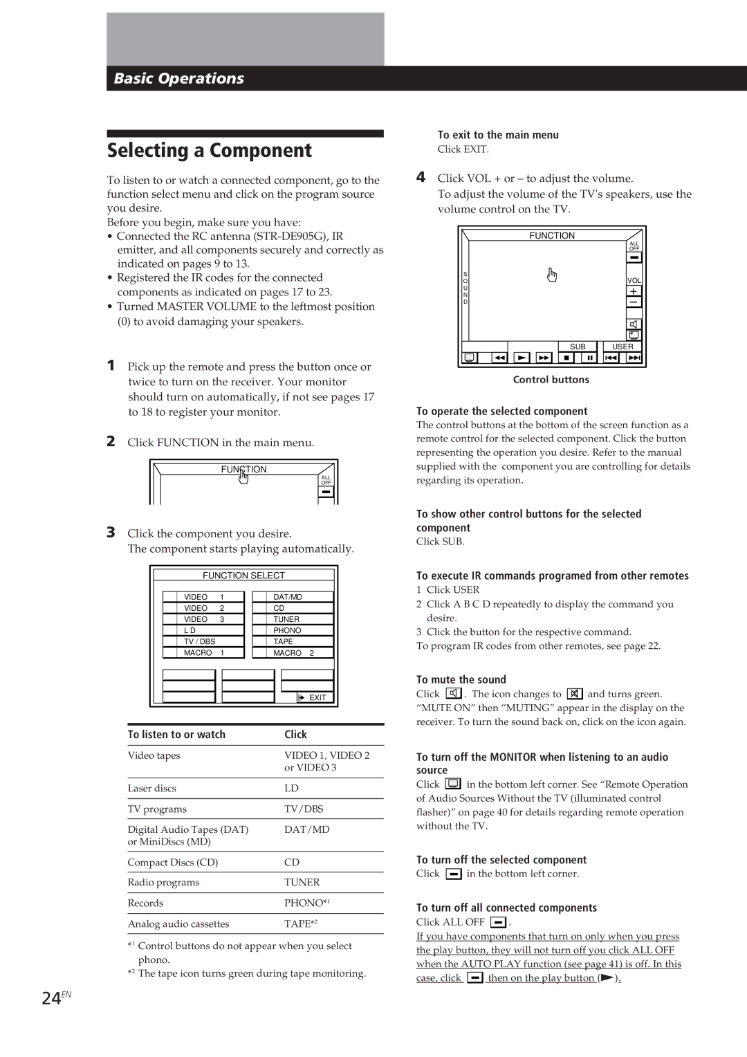 Sony STR-DE905G manual Selecting a Component, 24EN 