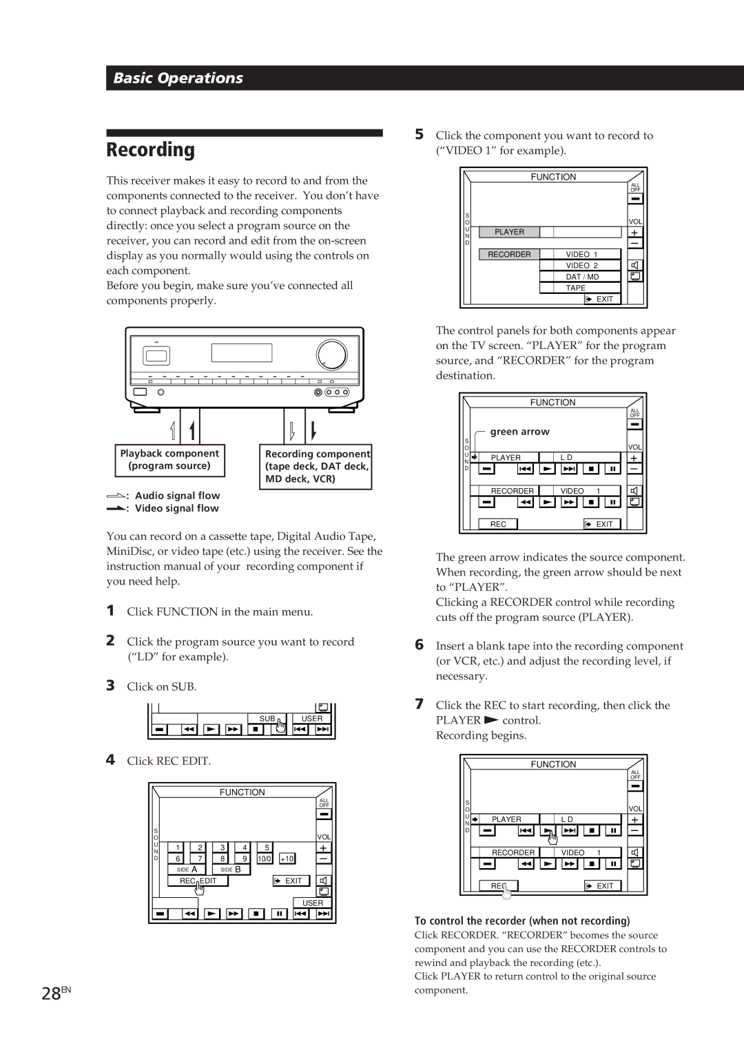 Sony STR-DE905G manual Recording, 28EN, To control the recorder when not recording 