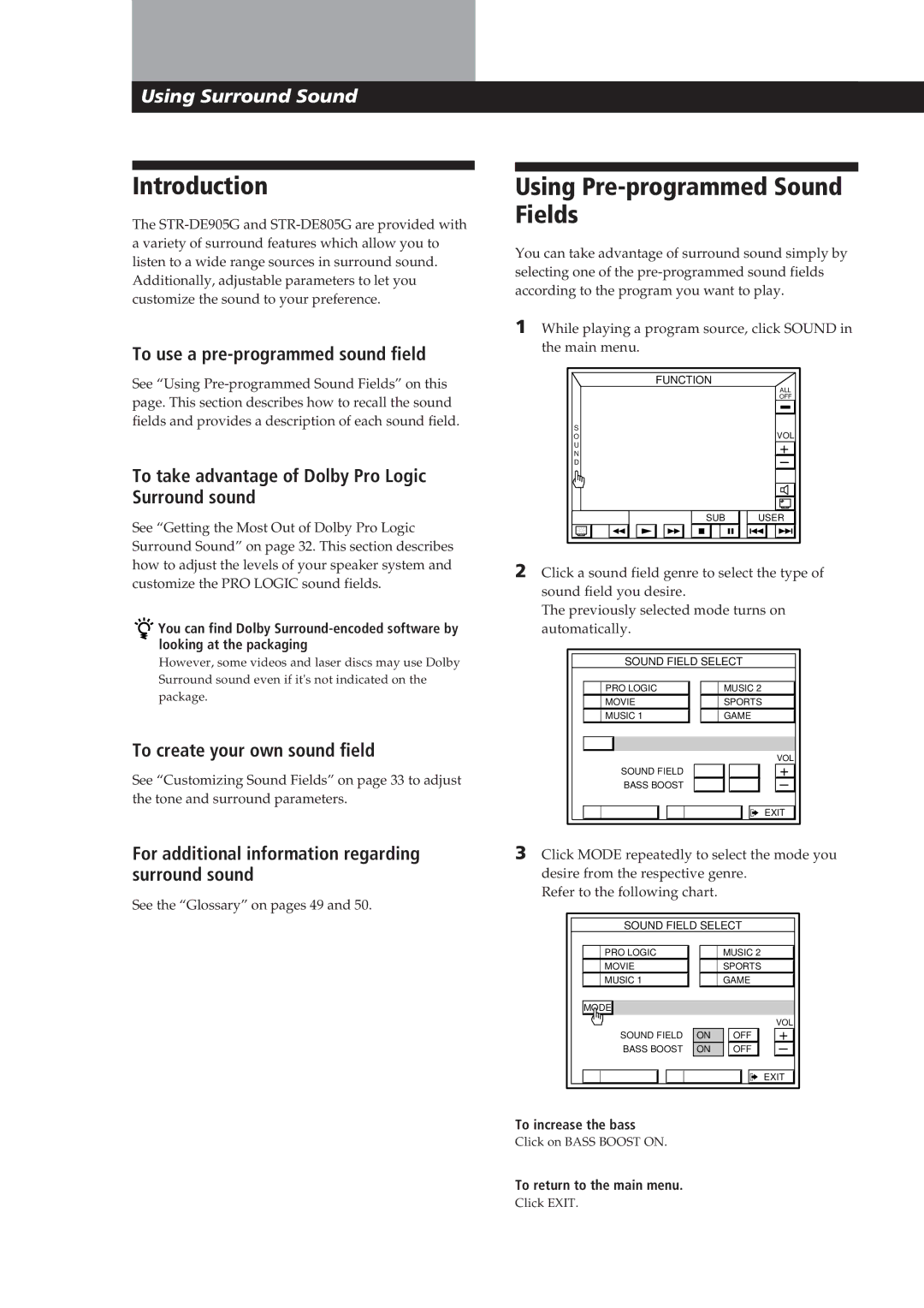 Sony STR-DE905G manual Introduction, Using Pre-programmed Sound Fields, 30EN 