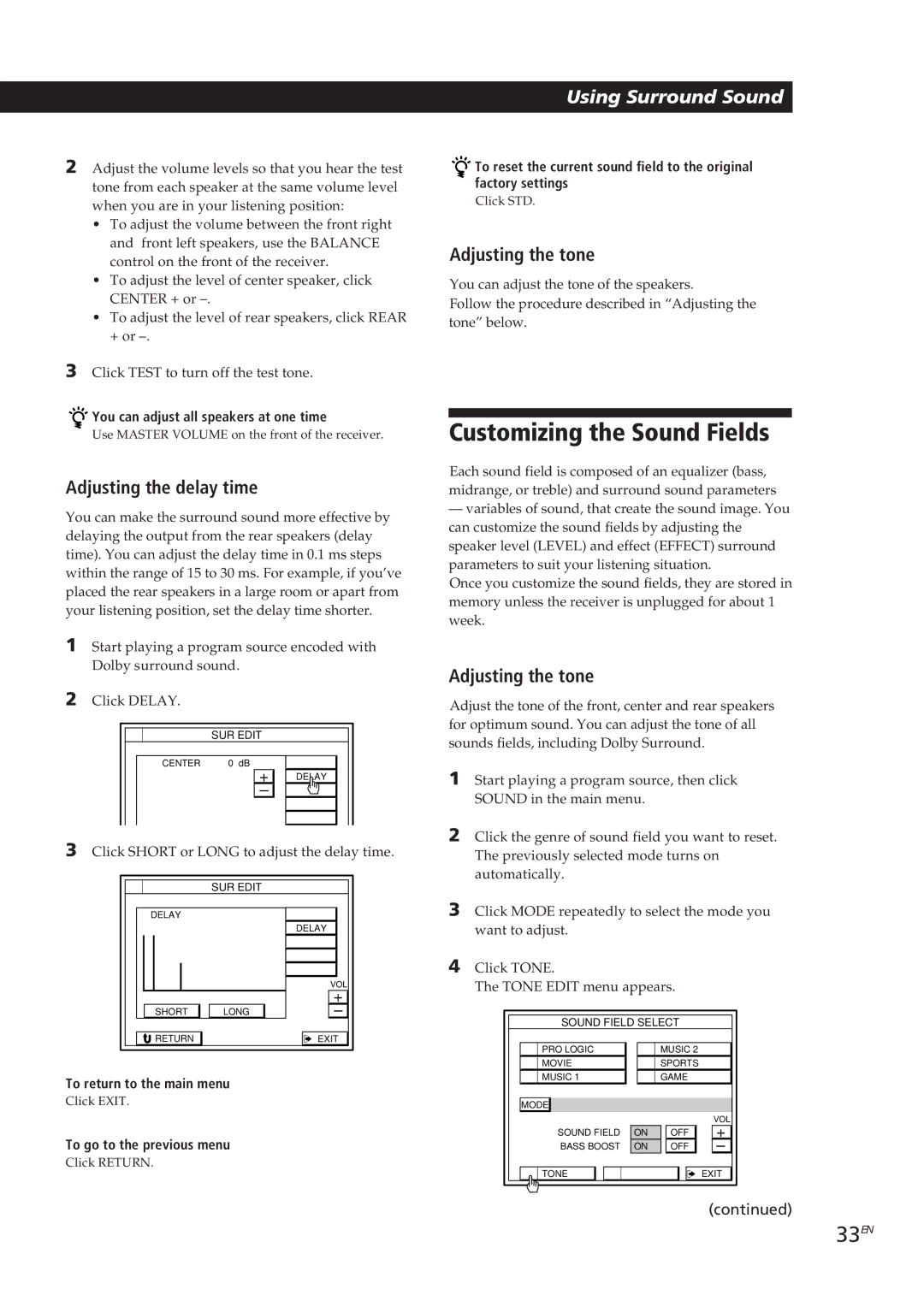 Sony STR-DE905G manual Customizing the Sound Fields, 33EN, Adjusting the delay time, Adjusting the tone 