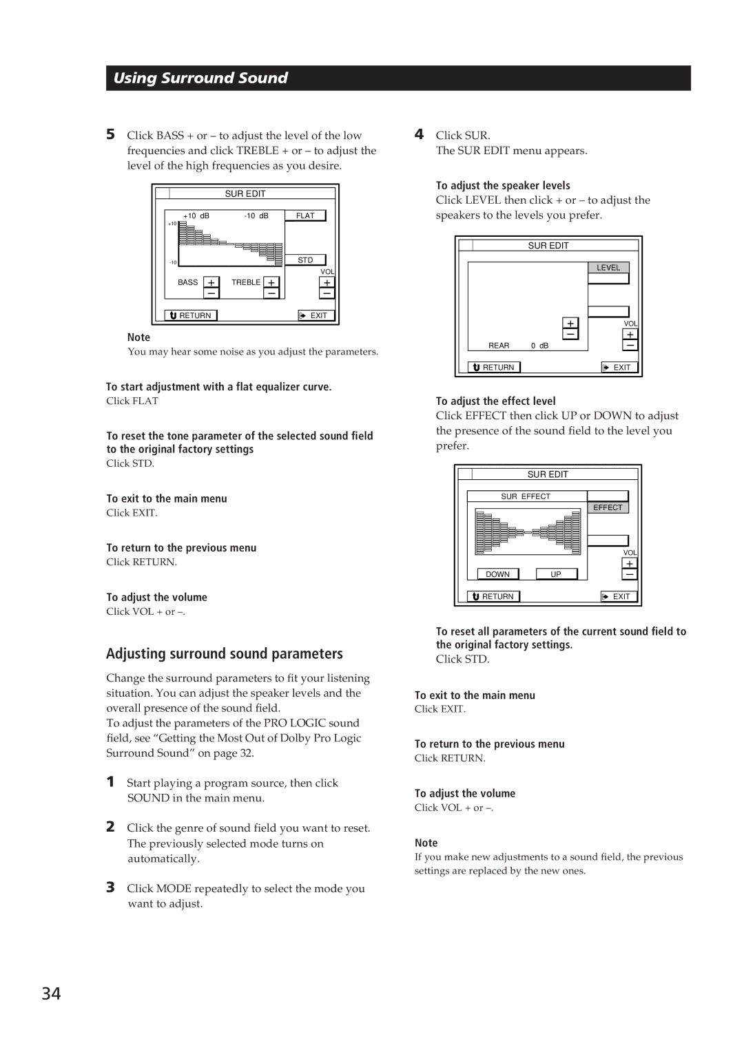 Sony STR-DE905G manual 34EN, Adjusting surround sound parameters 