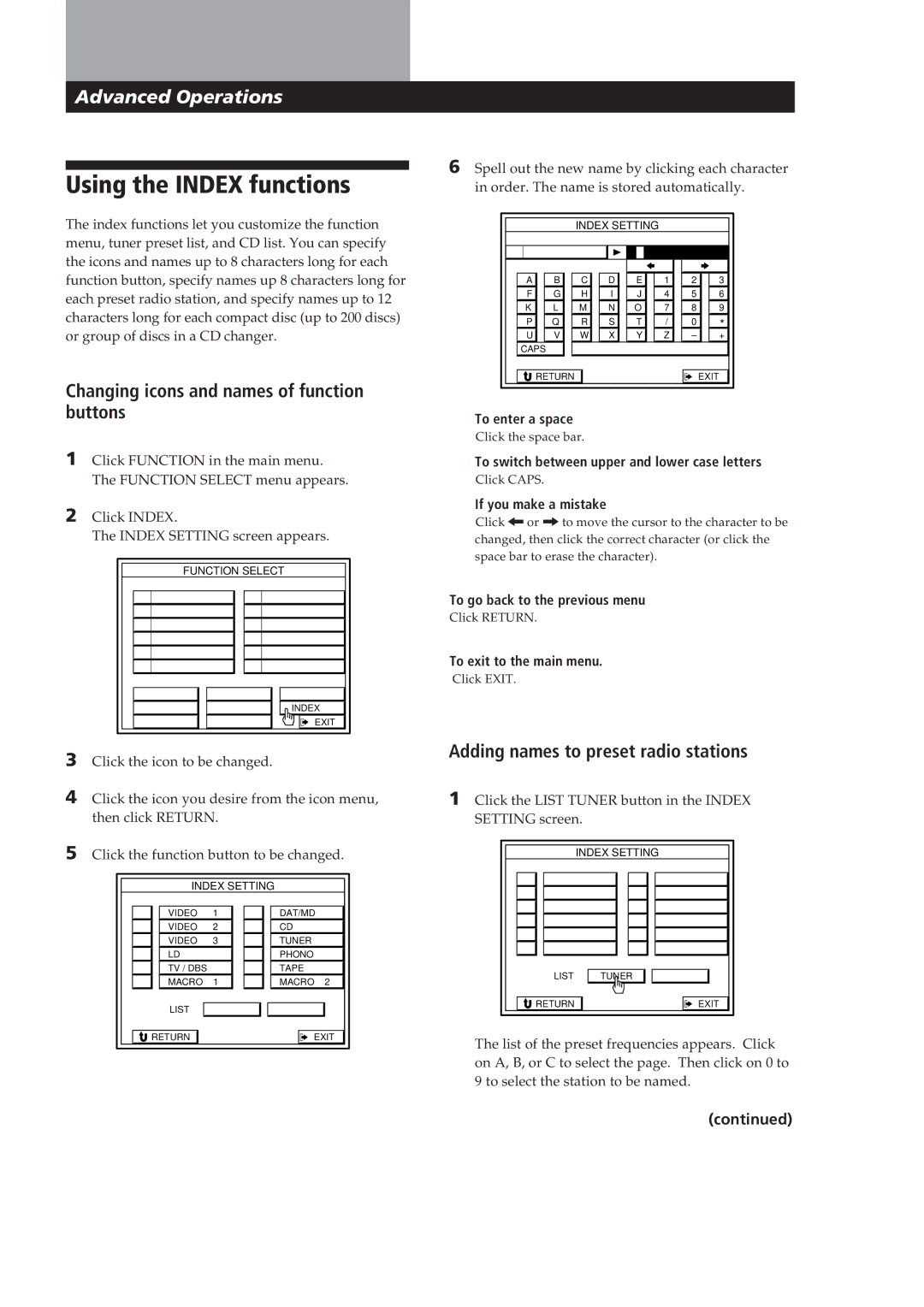 Sony STR-DE905G manual Using the Index functions, 35EN, Changing icons and names of function buttons 